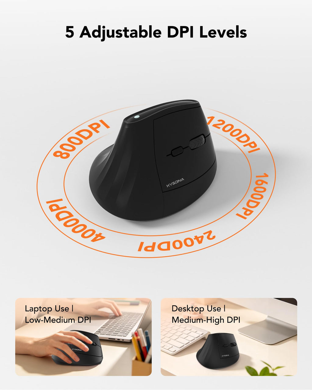 KYSONA Ergonomic Mouse Wireless, Bluetooth Vertical Mouse, 5-Level Adjustable DPI, 2.4G Silent Switch Mice for Windows, MacOS, IPadOS, Laptop, PC, Black