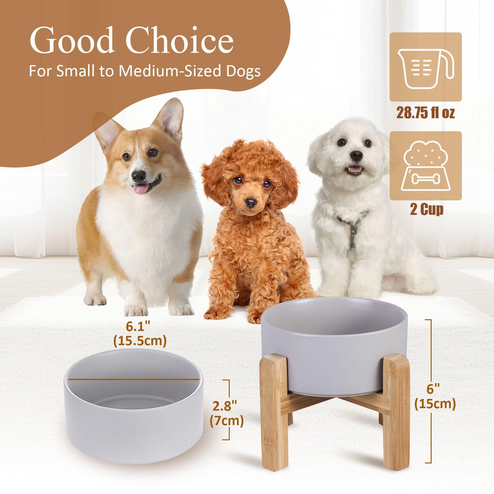Raised Ceramic Cat Bowl - Cat Food Bowl with Bamboo Stand - Elevated Dog Food Dish for Puppies - Comfort Eating - 13.5 oz - 400 ml - Green