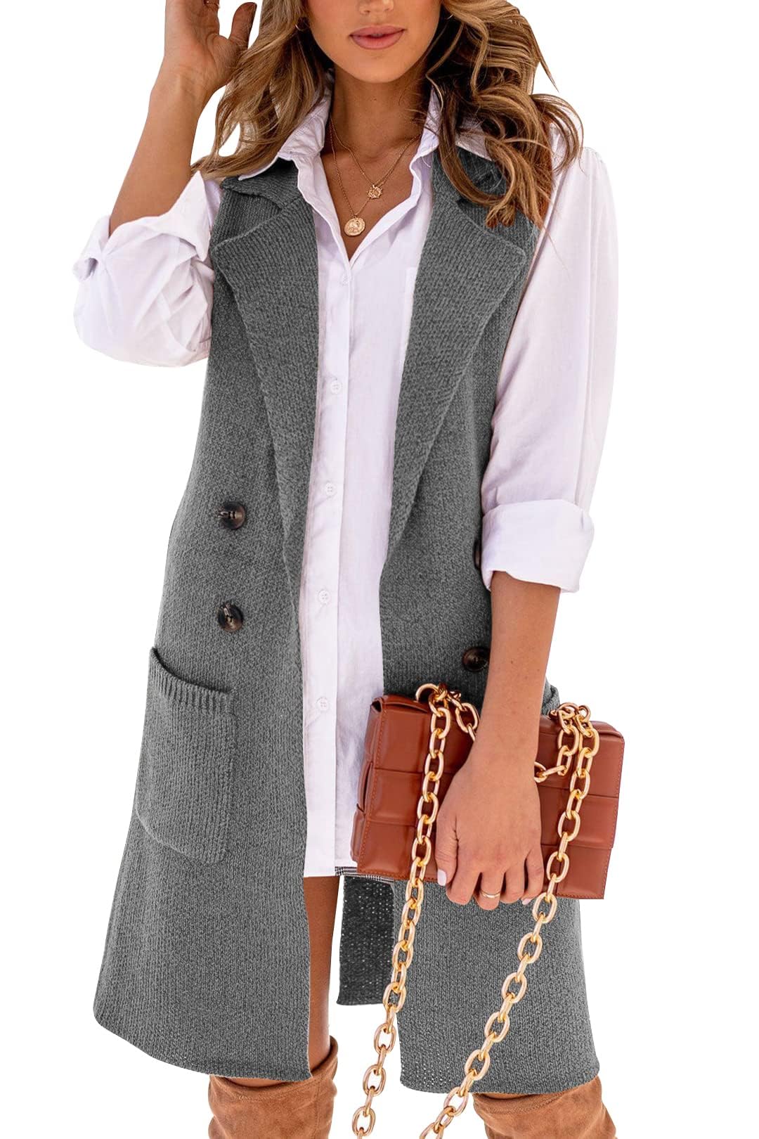 Danedvi Women Open Front Lapel Collar Cardigan Vest Button Down Long Sweaters Cardigan Solid Outerwear Coats