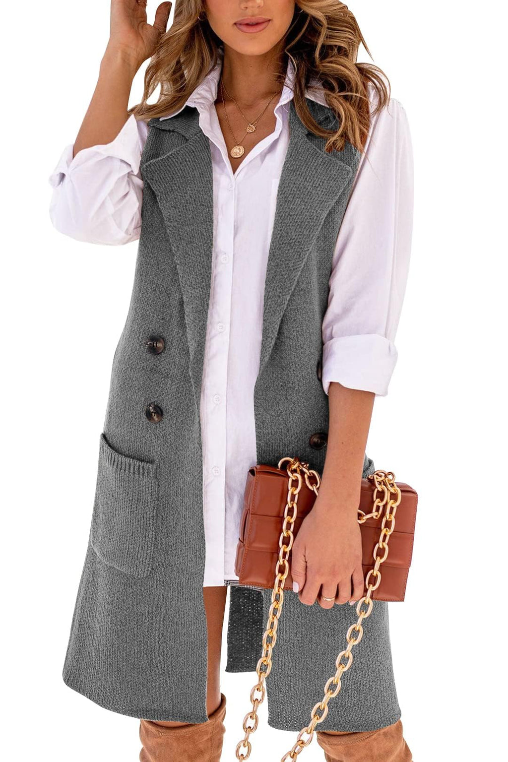 Danedvi Women Open Front Lapel Collar Cardigan Vest Button Down Long Sweaters Cardigan Solid Outerwear Coats