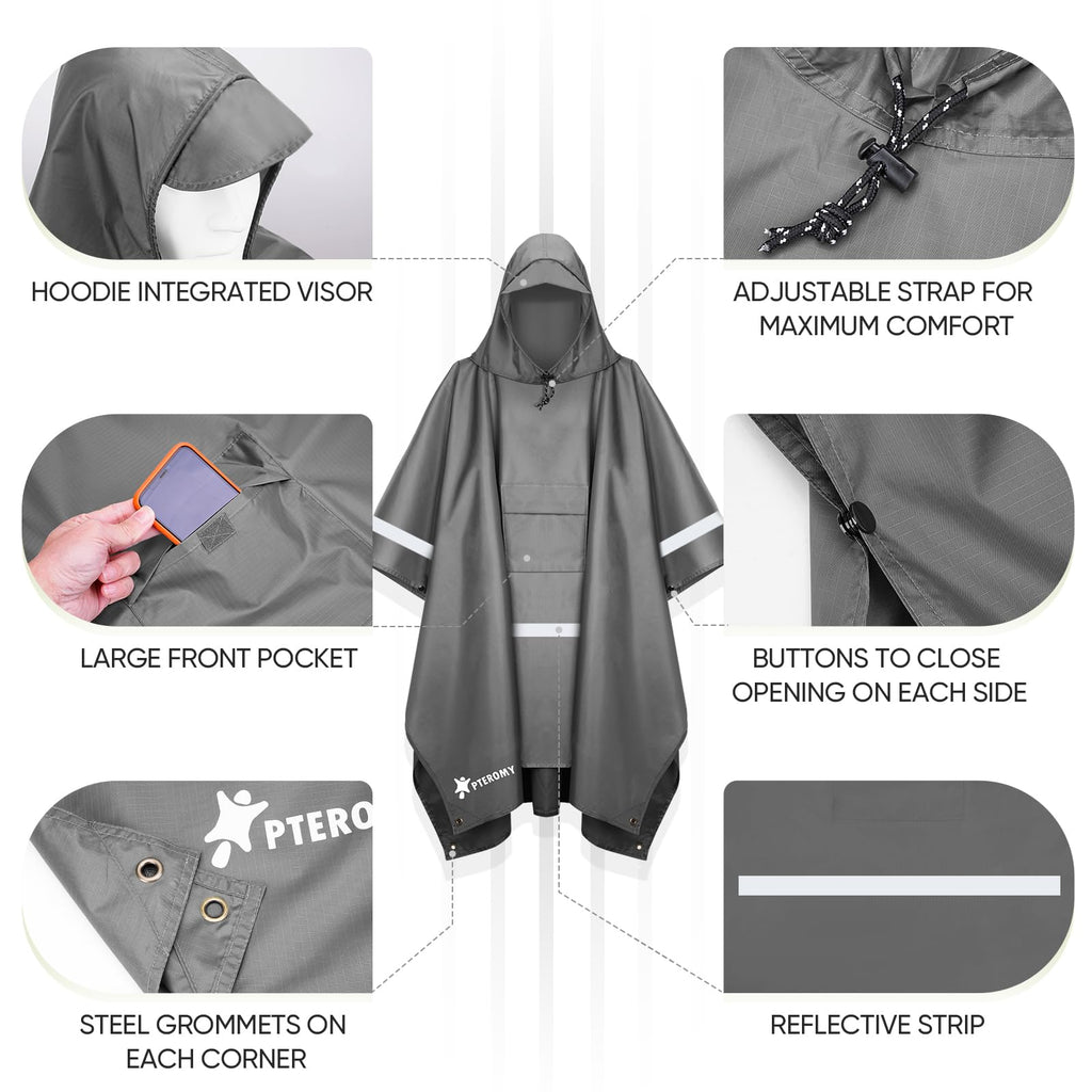 PTEROMY 3-in-1 Hooded Rain Poncho for Adult with Pocket, Waterproof Lightweight Unisex Raincoat for Hiking Camping Emergency