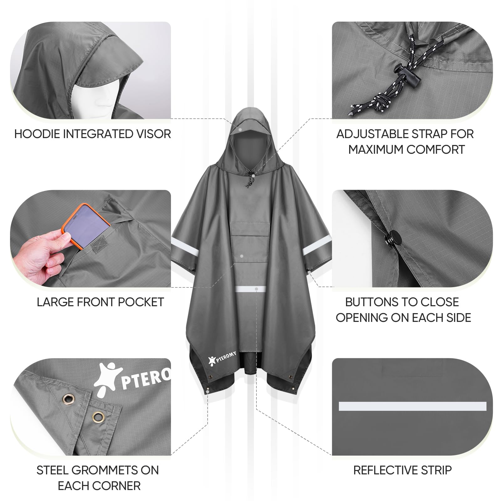 PTEROMY 3-in-1 Hooded Rain Poncho for Adult with Pocket, Waterproof Lightweight Unisex Raincoat for Hiking Camping Emergency