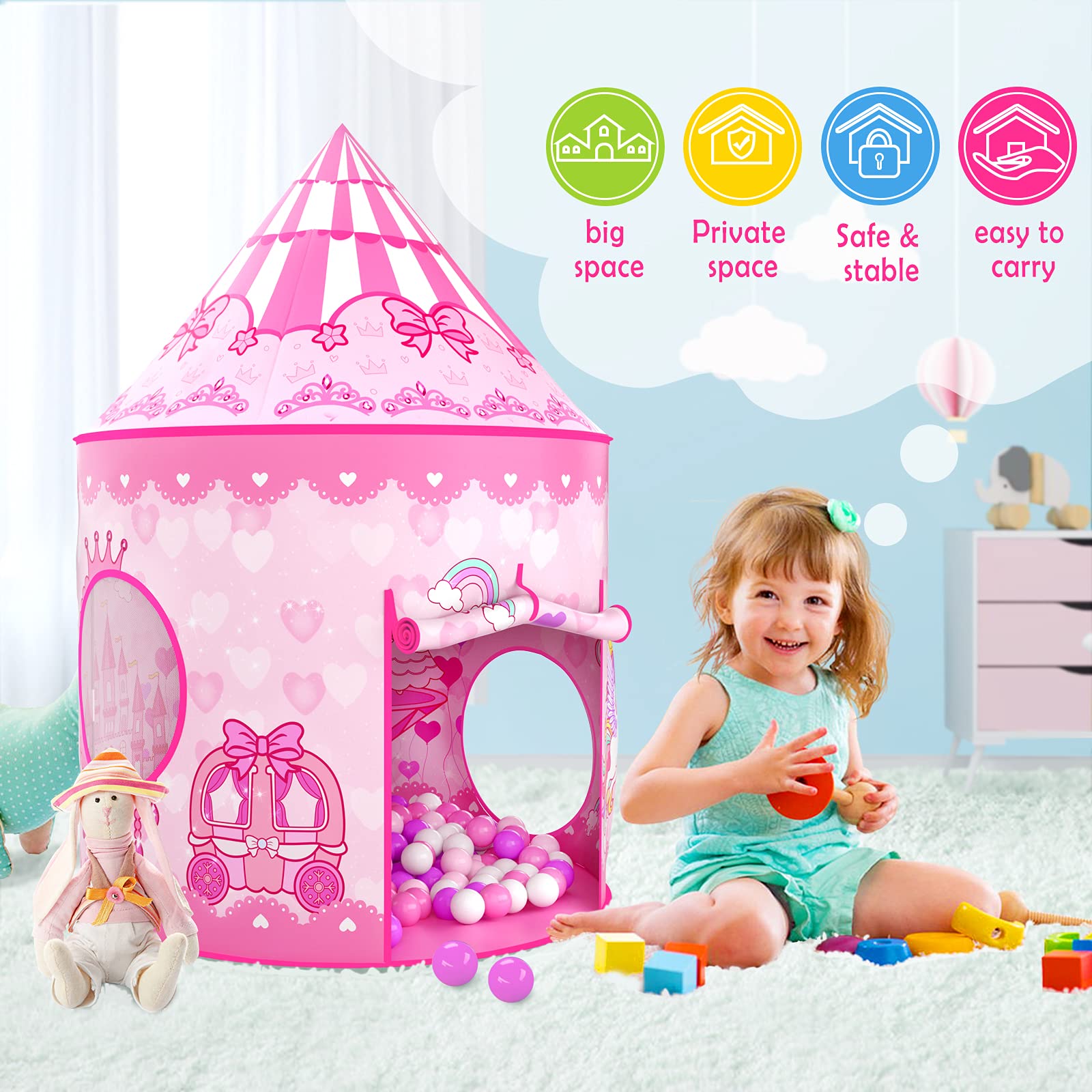 GeerWest 3PC Dinosaur Tent for Girls with Kids Ball Pit, Kids Play Tents and Crawl Tunnel for Toddlers, Pink Pop Up Playhouse Toys for Baby Indoor& Outdoor Tent Games, Birthday Kid’s Gifts