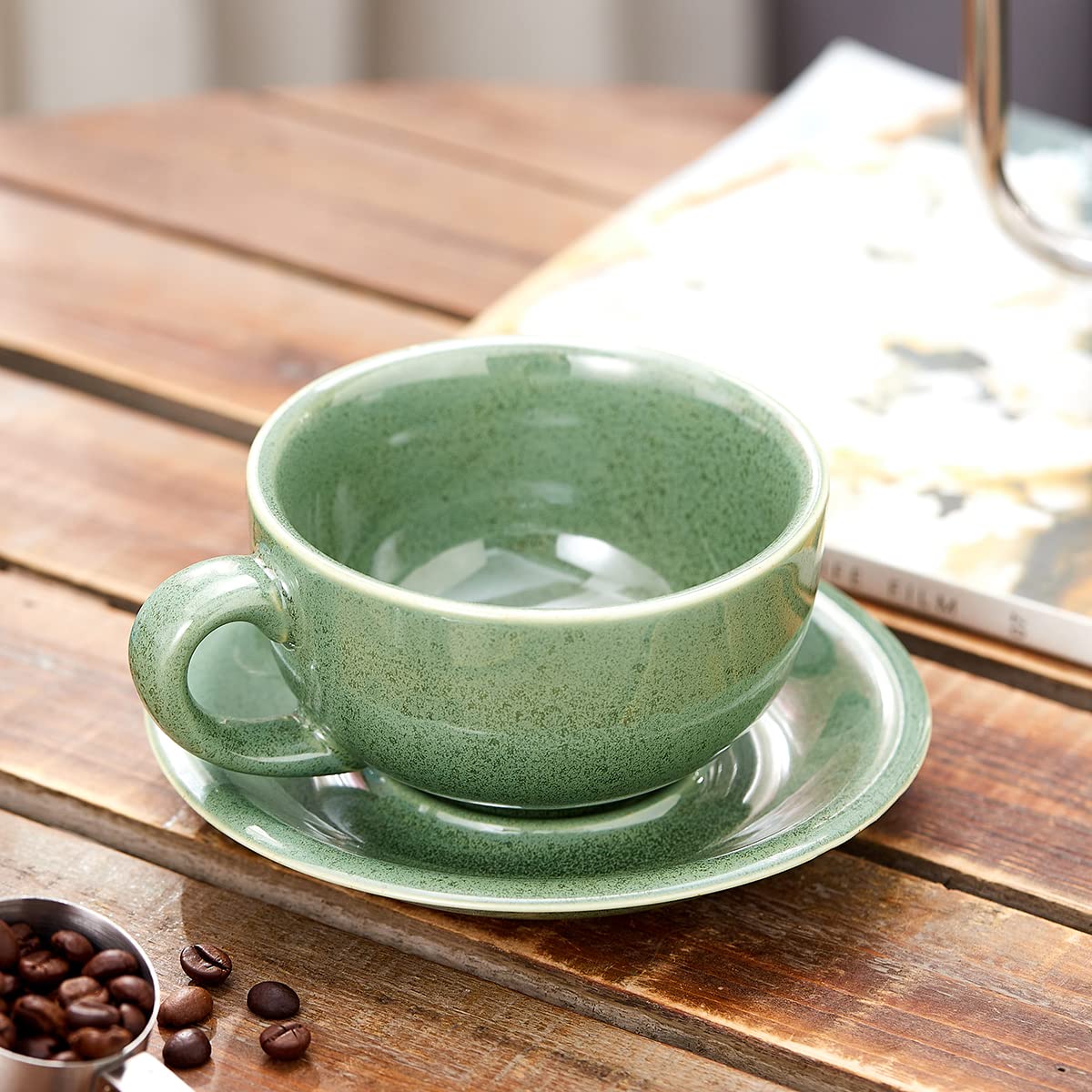 Coffeezone Vintage Design 12 oz Ceramic Latte Art Cappuccino Barista Cup with Saucer (Beige)