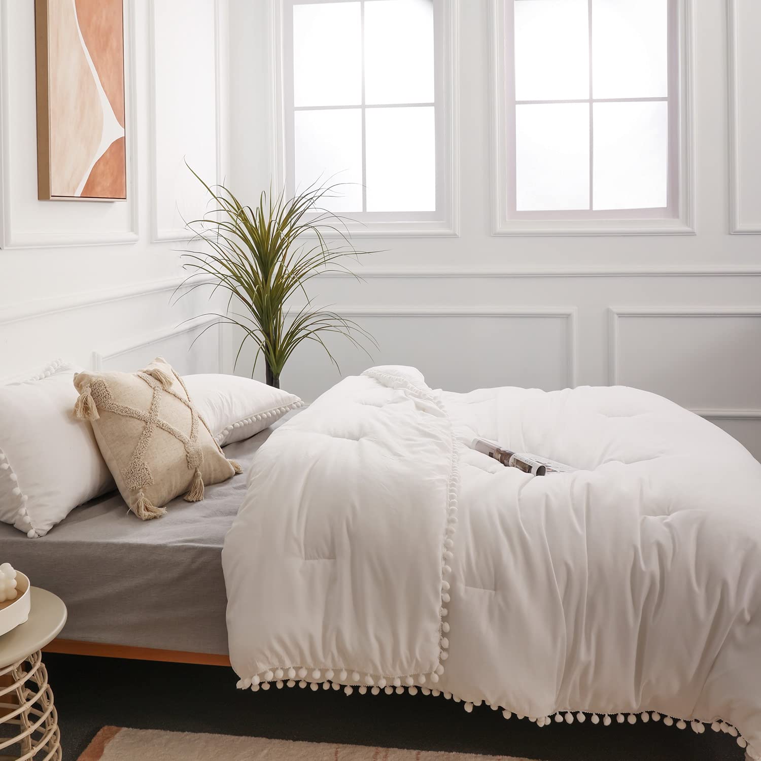 YIRDDEO Twin Comforter Set - Comforter Twin Size Bed with Ball Pom Fringe, Soft Bedding Set for All Seasons - 2 Pieces, 1 Comforter (66"x90") & 1 Pillow Sham(20"x26"), Beige