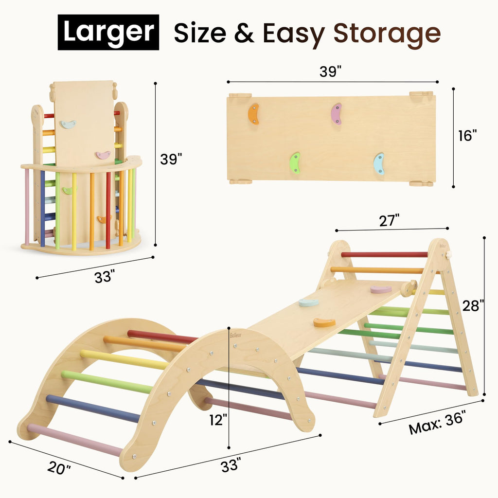 Belleur 7-in-1 Climbing Toys for Toddlers 1-3 Years Old, Foldable Wooden Pikler Triangle Set Indoor, Montessori Climbing Set with Arch, Ramp & Ladder - Natural