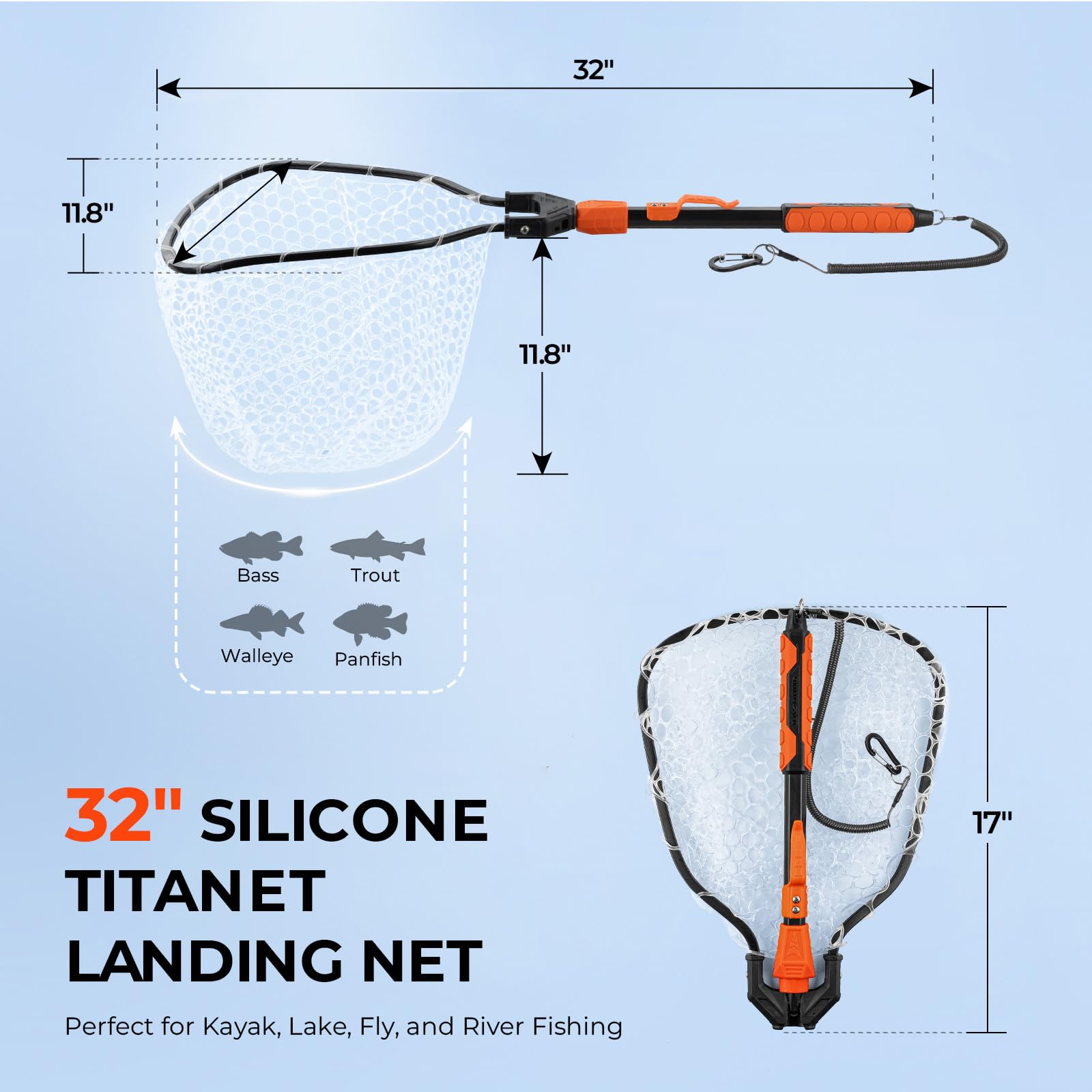 KastKing Titanet Fishing Net, Durable Aluminum Handle, Non-Slip Hi-Vis Grip, Compact Bag & Lanyard, Ideal for Kayak, Lake, Fly, or River Fishing, 2 Net Options