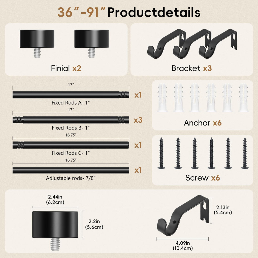 OLV Black Curtain Rod 36 to 45 Inch, 1 Inch Adjustable Modern Curtain Rods for Windows, Decorative Heavy Duty Window Treatment Rods with End Cap Finials, Telescopic Splicing Drapery Pole, Easy Install