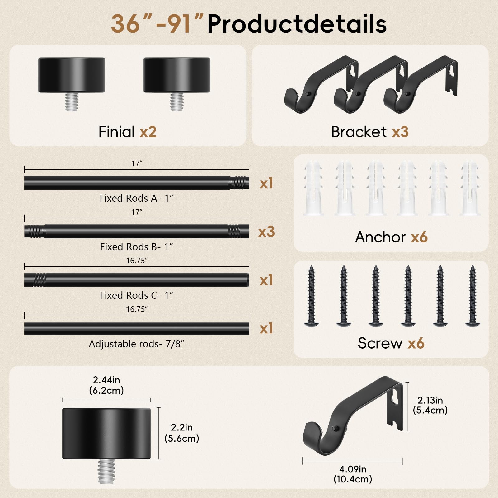OLV Black Curtain Rod 36 to 45 Inch, 1 Inch Adjustable Modern Curtain Rods for Windows, Decorative Heavy Duty Window Treatment Rods with End Cap Finials, Telescopic Splicing Drapery Pole, Easy Install