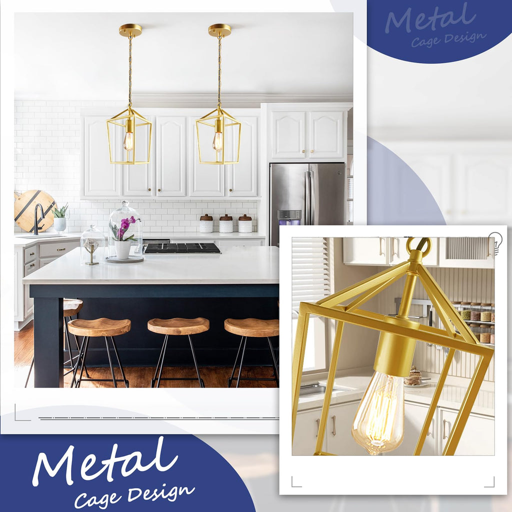 Sheetea 2-Pack Gold Pendant Lights Kitchen Island, Modern Mid Century Light Fixtures Hanging Lamp for Kitchen, Farmhouse Kitchen Pendant Lighting Over Island, Metal Cage Design