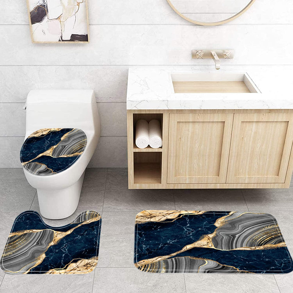 Nkzply 4 Pcs Black Marble Shower Curtain Sets with Rugs Gold Bathroom Sets with Shower Curtain and Rugs Modern Abstract Bathroom Decor Accessories Shower Curtains for Bathroom Toilet Lid Cover