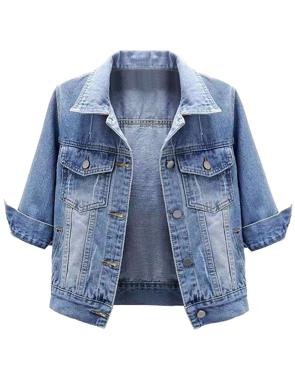 Locachy Womens 3/4 Sleeve Short Denim Jacket Lapel Button Down Cropped Trucker Jean Jackets Coats