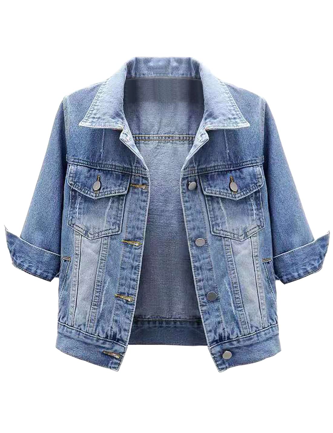 Locachy Womens 3/4 Sleeve Short Denim Jacket Lapel Button Down Cropped Trucker Jean Jackets Coats