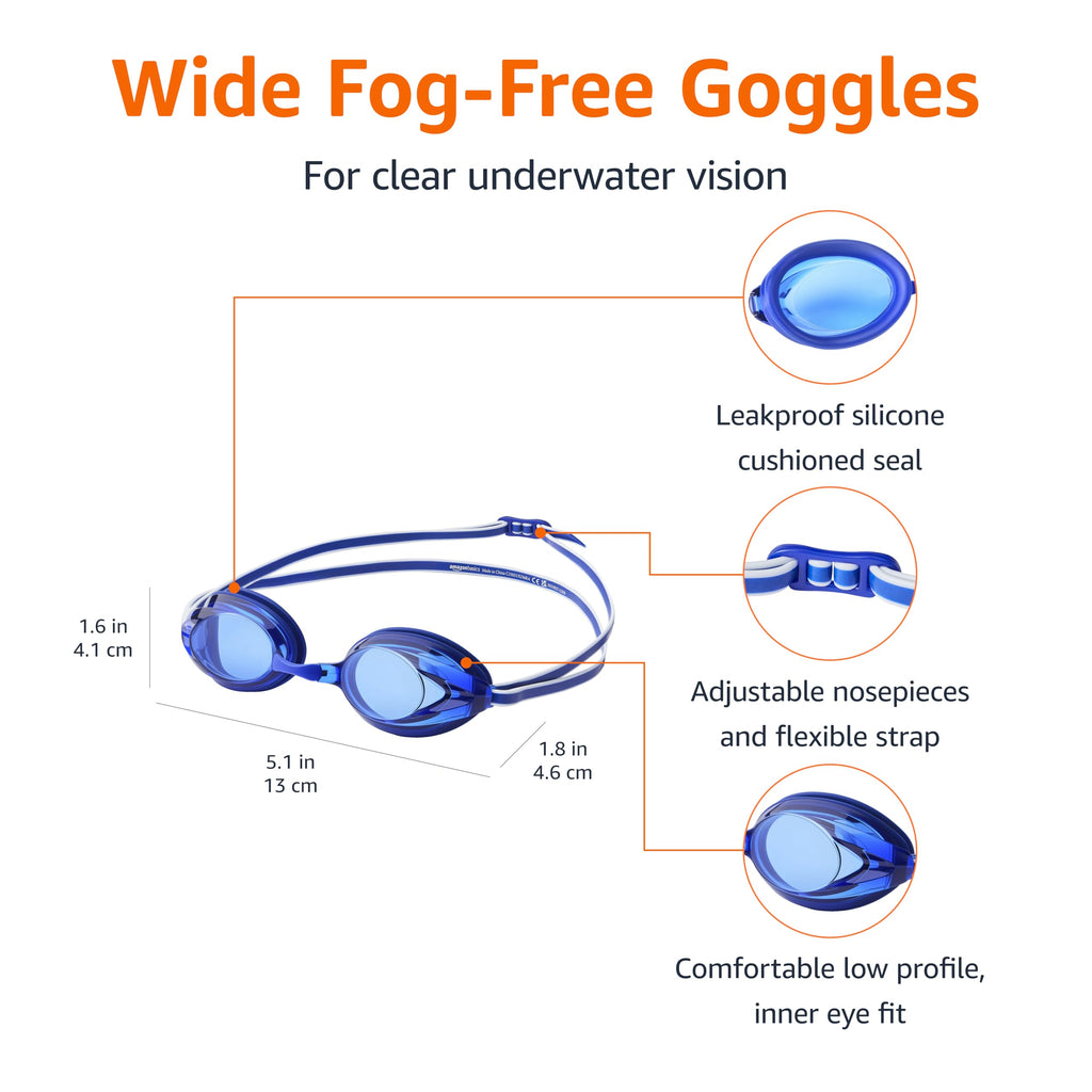 Amazon Basics Unisex Swim Goggles for Adults, Anti-Fog, Unisex, Wide View, 4 Interchangeable Nosepieces