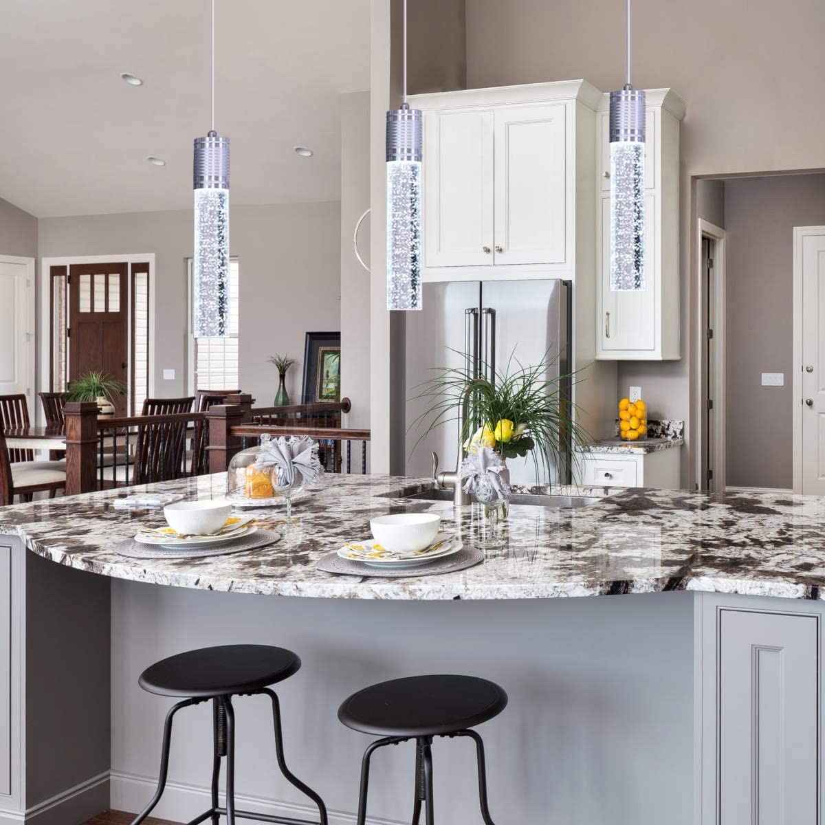 HAIXIANG Modern Kitchen Island Hanging Light Fixtures Crytstal Pendant Lighting for Kitchen Island Chrome Mini Chandelier with 6000K Daylight Bulb