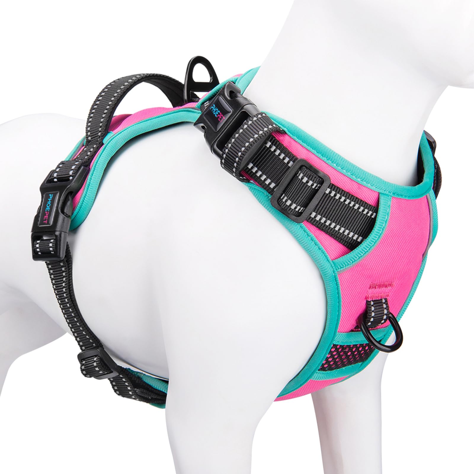 PHOEPET No Pull Dog Harness, Unique Colors Reflective Adjustable Dog Vest, with Soft Training Handle Metal Clips for Small Medium Large Dogs (Baby Blue Base & Pink Straps,S)