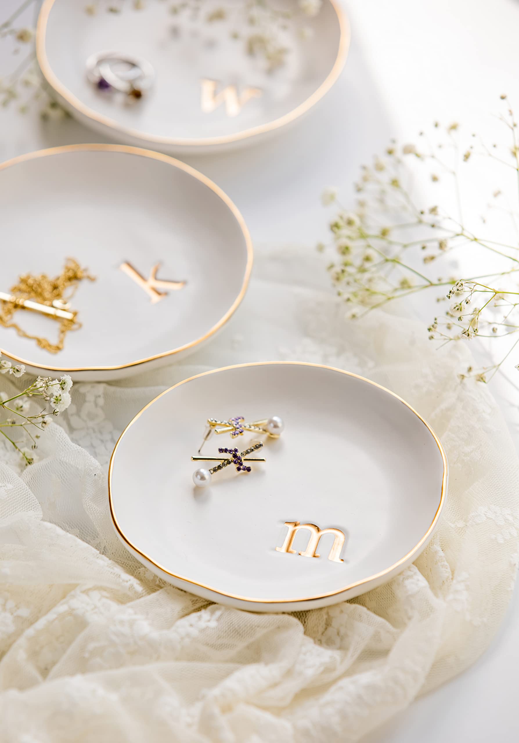 COLLECTIVE HOME - Ceramic Jewelry Tray, Decorative Trinket Dish for Rings Earrings Necklaces Bracelet Watch Keys, Birthday Mother's Day Christmas Gift for Women, 4.75", White Surface (A)