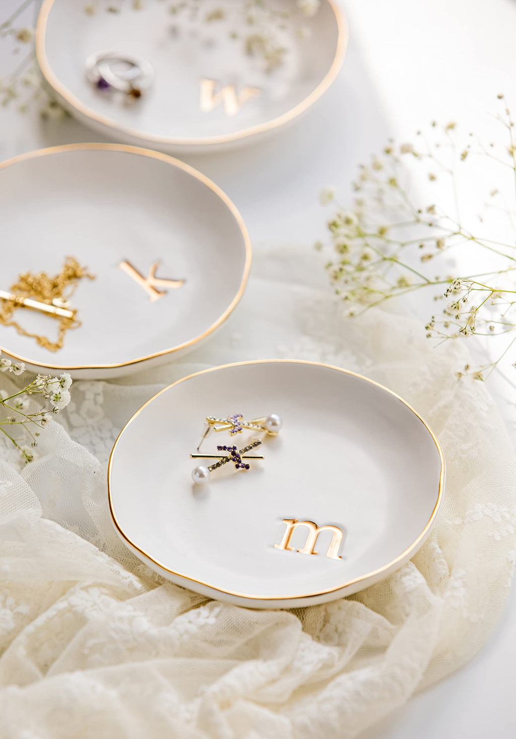 COLLECTIVE HOME - Ceramic Jewelry Tray, Decorative Trinket Dish for Rings Earrings Necklaces Bracelet Watch Keys, Birthday Mother's Day Christmas Gift for Women, 4.75", White Surface (A)