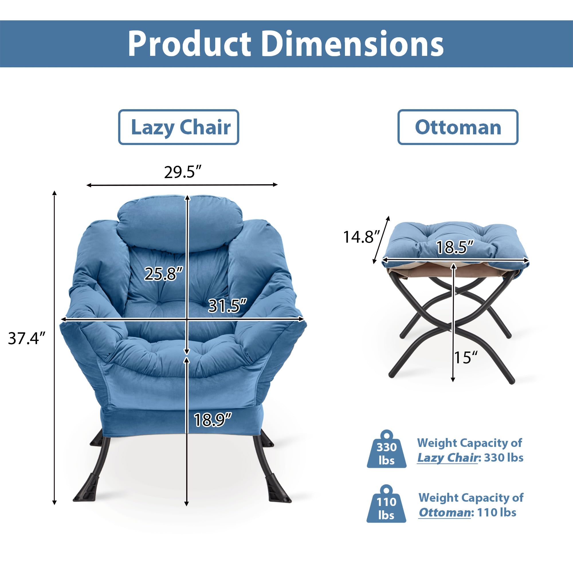 Youtanic Lazy Chair with Folding Ottoman, Accent Chair Velvet Upholstered with Metal Structure and Non-Slip Pads, Sofa Armchair with Footrest and Side Storage Bag for Dorm, Room, Office, Beige