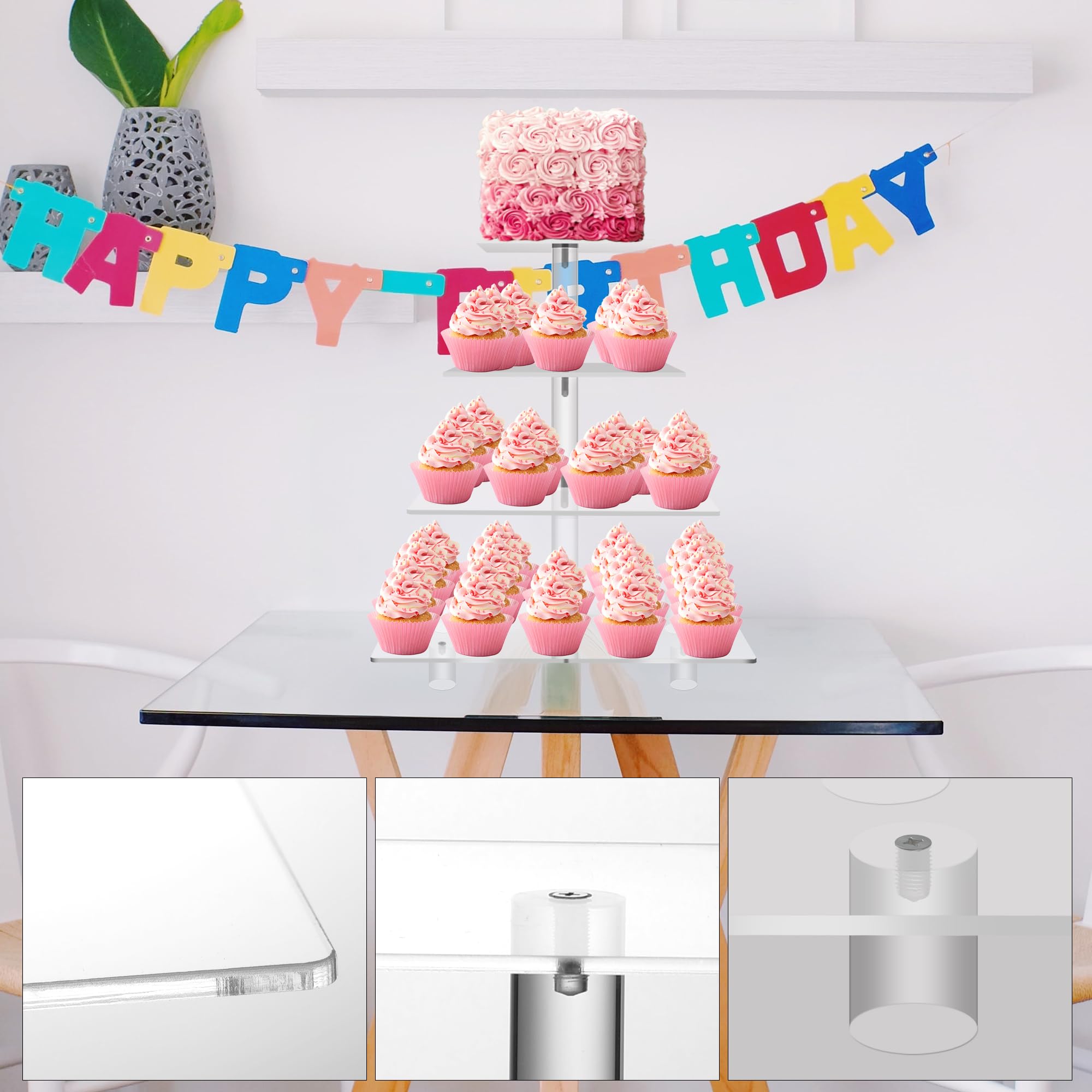 Jusalpha Large 4 Tier Cupcake Stand Square Acrylic Cupcake Tower Stand for Dessert, Pastry, Serving Platter-Candy Bar Party Décor and Supply(with Rod Feet) (4SF-V2)