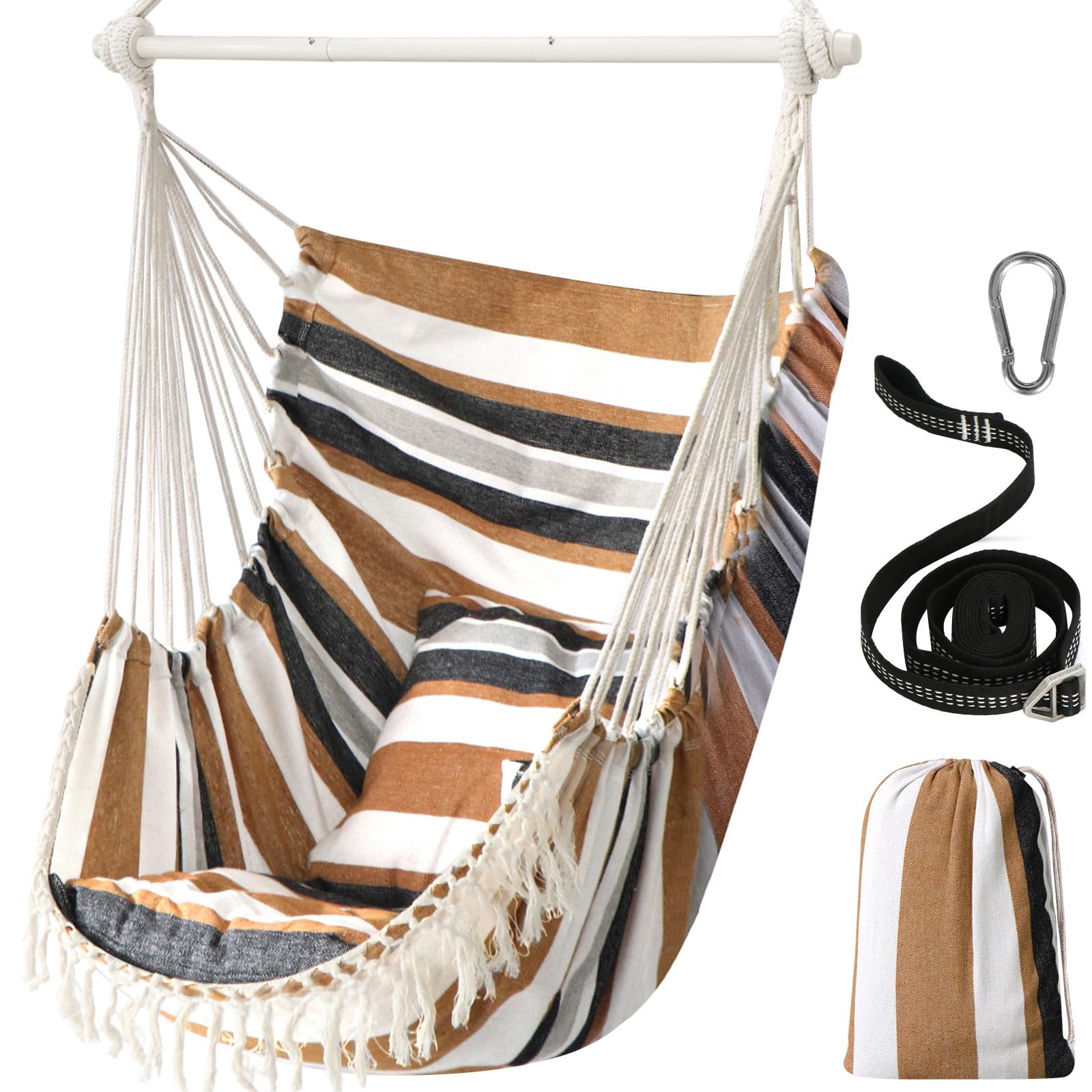 Chihee Hammock Chair Hanging Swing Max 500 Lbs 2 Cushions Included Metal Spreader Bar with Anti-Slip Grooves Portable Hanging Chair Side Pocket Large Macrame Bohemian Chair Indoor Outdoor | Hanging Swing with Anti-Slip Grooves Portable Hanging Chair Side