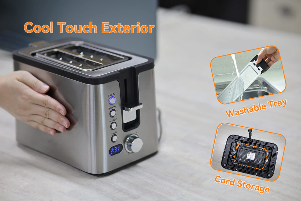 Mecity 4 Slice Toaster, Long Slot Toaster With Warming Rack, Timer, Bagel, Defrost, Reheat Functions, Crumb Tray, 6 Browning Settings, Extra Wide Long Slots, Stainless Steel, 1300W, Grey
