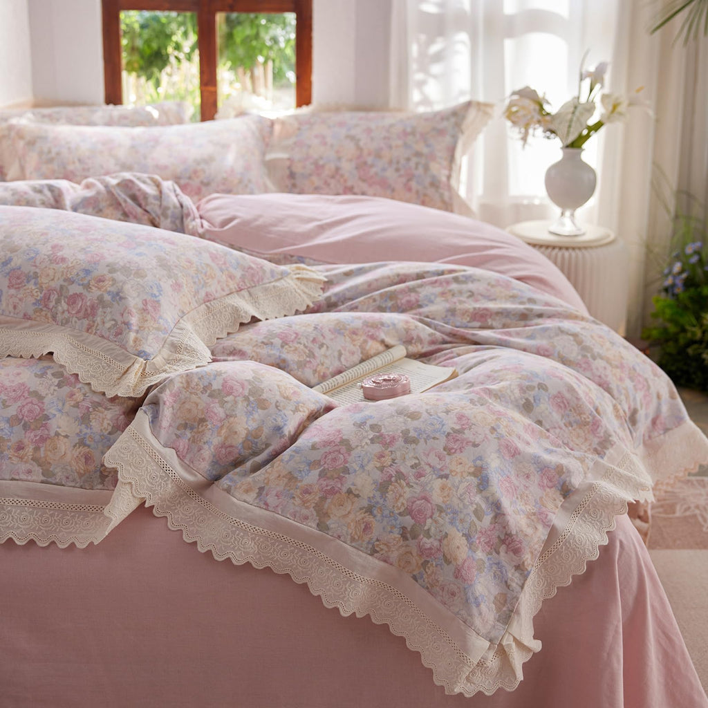 Pink Flower Duvet Cover Twin Chic Floral Print Ruffle Duvet Cover Cotton Lace Comforter Cover Country Style Floral Bedding Set Romantic Ruffle Comforter Cover Flower Bedding Cover with 2 Pillowcases