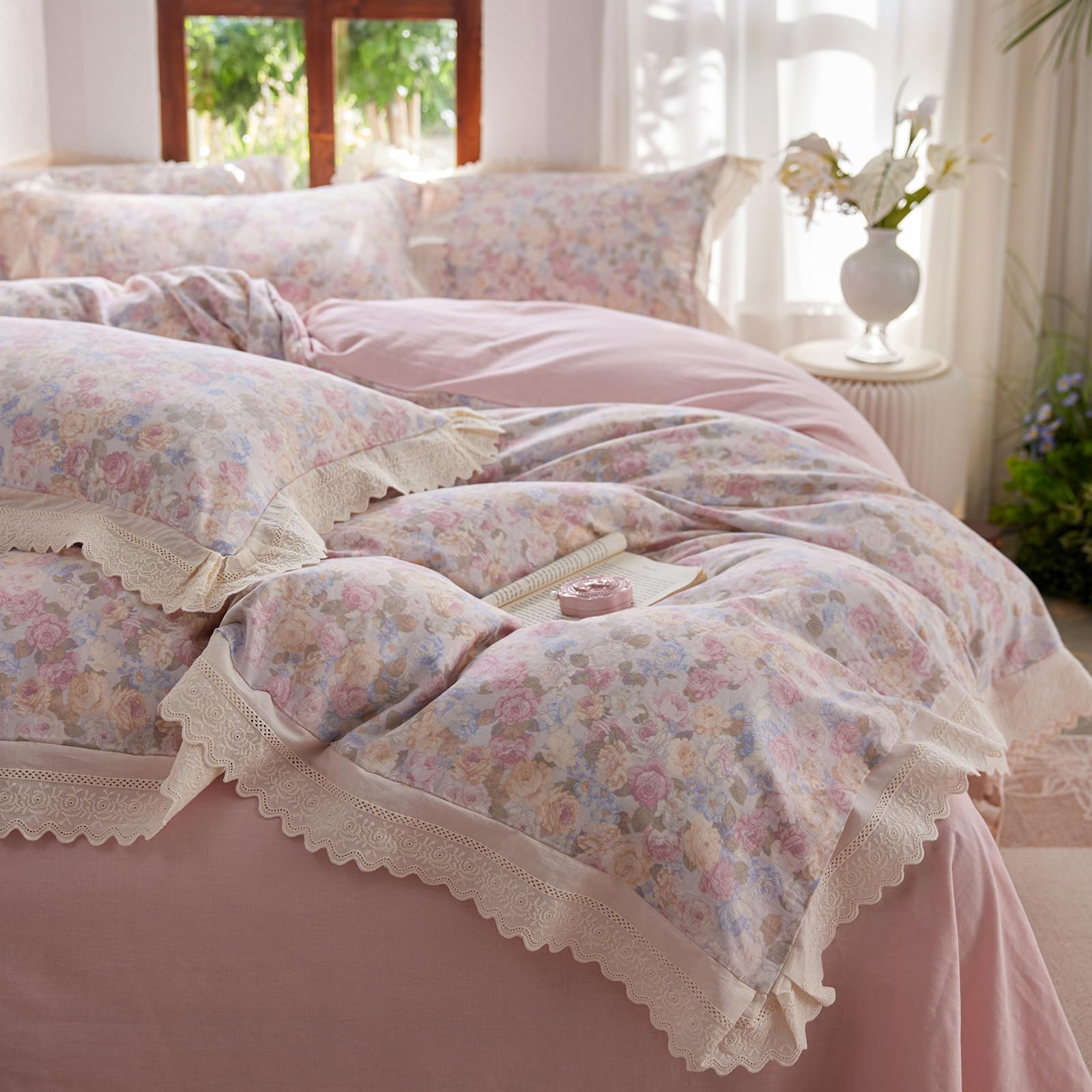 Pink Flower Duvet Cover Twin Chic Floral Print Ruffle Duvet Cover Cotton Lace Comforter Cover Country Style Floral Bedding Set Romantic Ruffle Comforter Cover Flower Bedding Cover with 2 Pillowcases