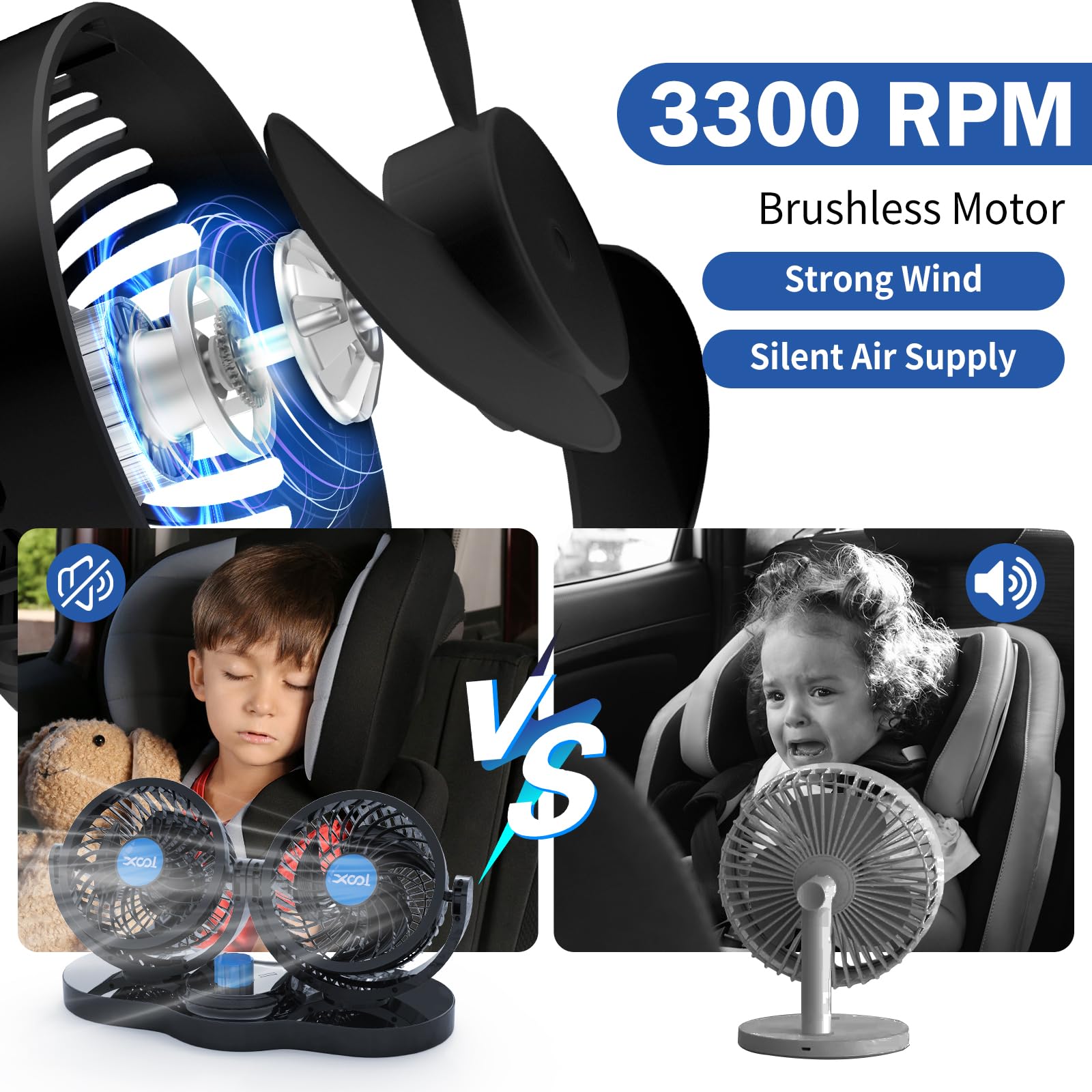 XOOL Clip Car Fan, 9 Inches 12V/24V Fan, 360° Rotatable Electric Cooling Clip on Fan with Stepless Speed Regulation for SUV, RV, Truck