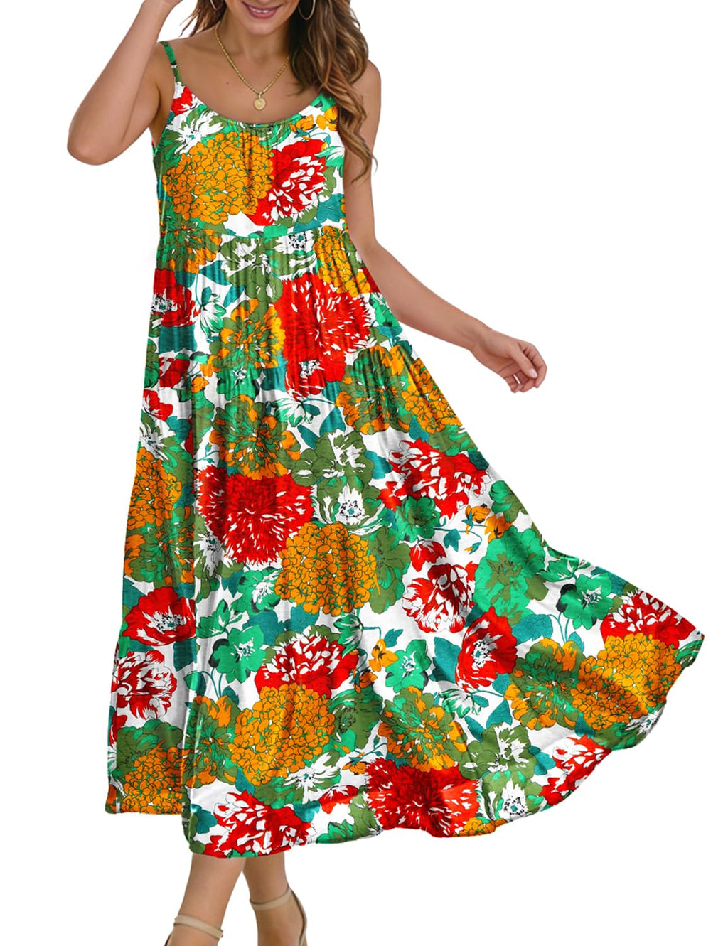 YESNO Summer Bohemian Floral Dresses for Women Spaghetti Straps Maxi Dress Casual Flowy Dresses with Pockets ES0