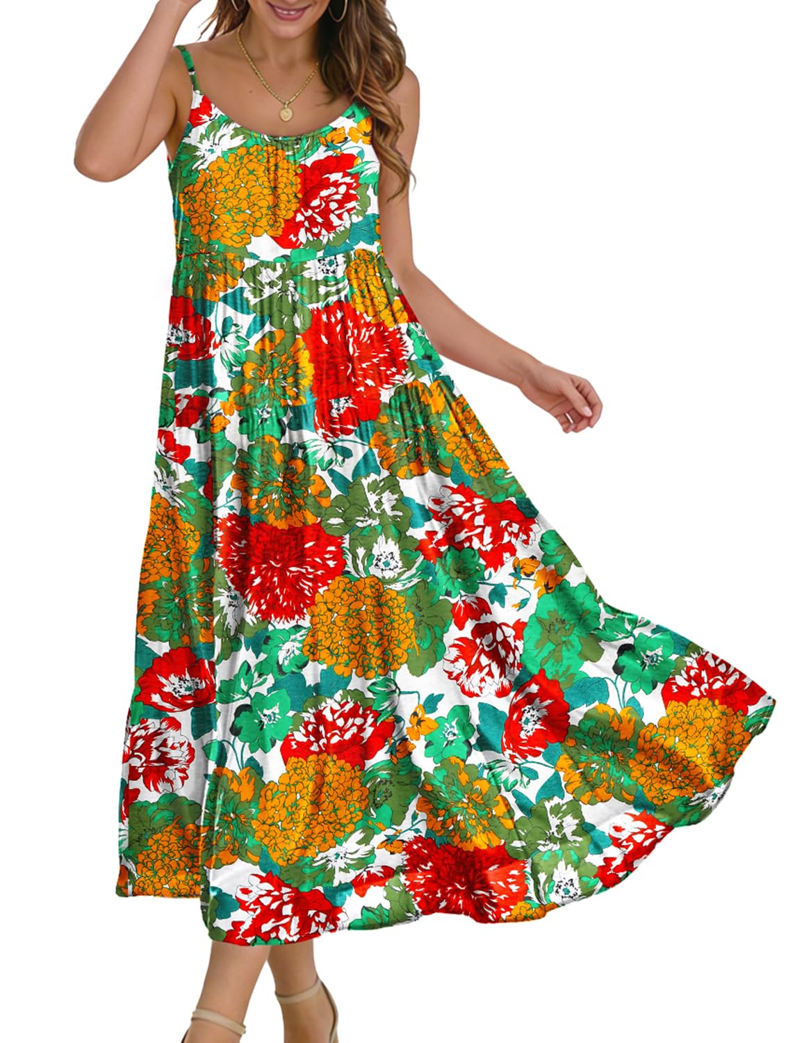 YESNO Summer Bohemian Floral Dresses for Women Spaghetti Straps Maxi Dress Casual Flowy Dresses with Pockets ES0