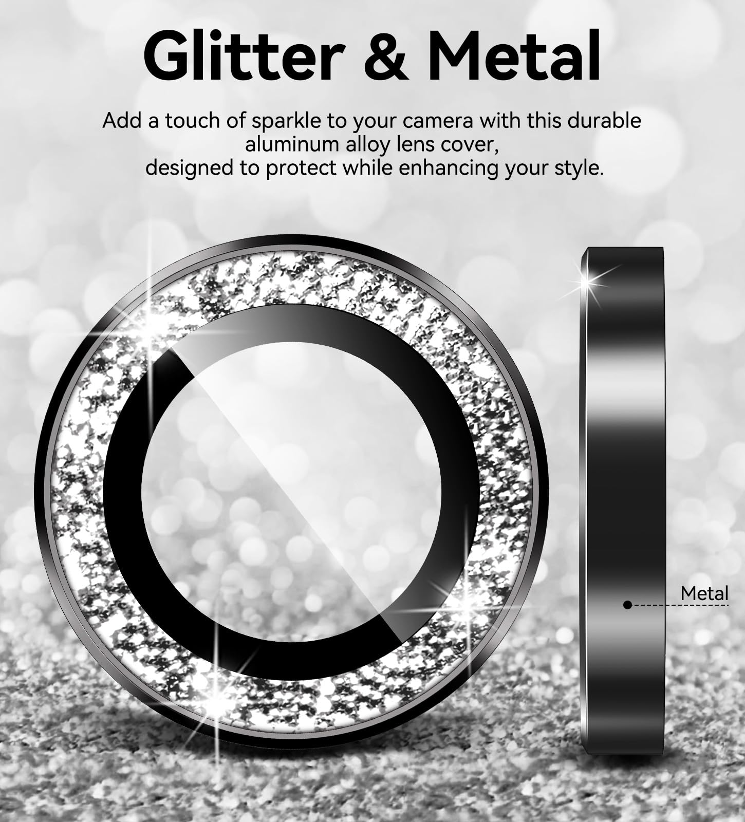 Matekxy Glitter Camera-Lens Protector for iPhone-16 Pro-Max - 16 Pro Anti-Scratch Tempered Glass with Aluminum Edging, Cute Girly Metal Individual Bling Ring Cover for Women, Black Titanium