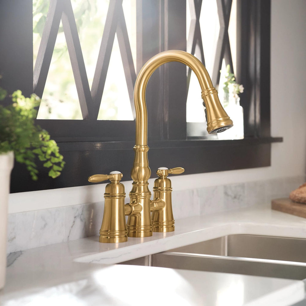 Moen Brushed Gold Weymouth Two Handle Pulldown Bridge Kitchen Faucet, S73204BG