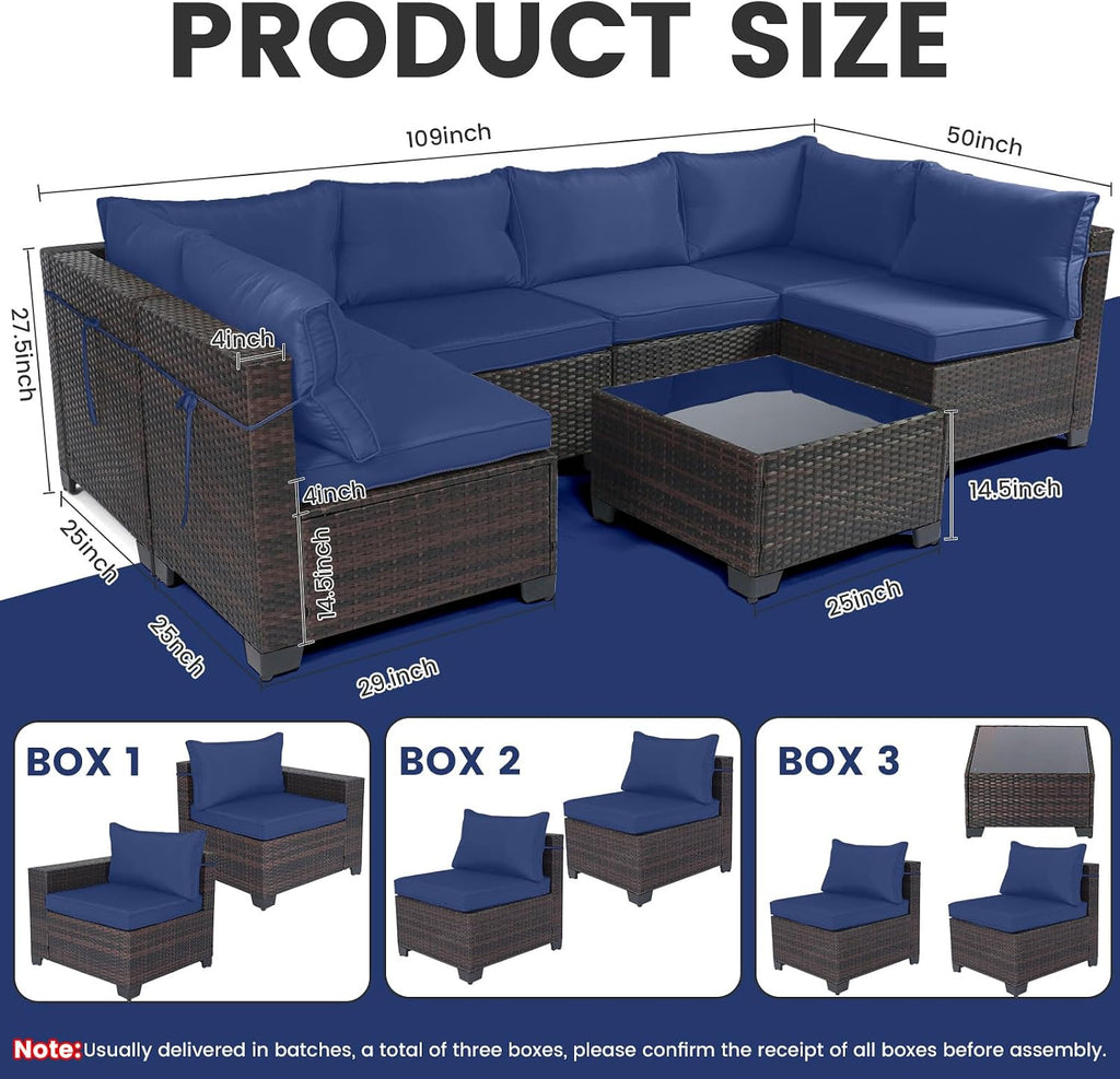 LEVELEVE 7 Pieces Outdoor Patio Furniture Sets,Rattan Conversation Sectional Set,Manual Weaving Wicker Patio Sofa with Tea Table