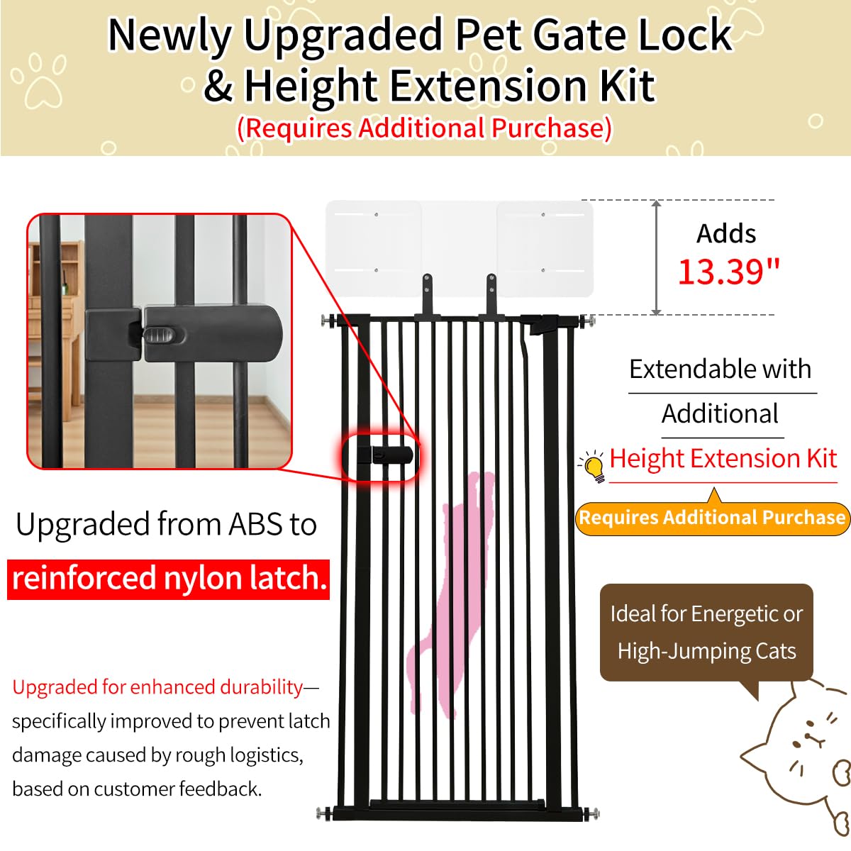 Lumizone Extra Tall Cat Gate Extension Kit 55.12" High 4.13" Wide Black | Tall Pet Gate Dog Gate for Doorway Hallway Stairs Pressure Mounted Extra Wide 1.37" Gap No Drilling