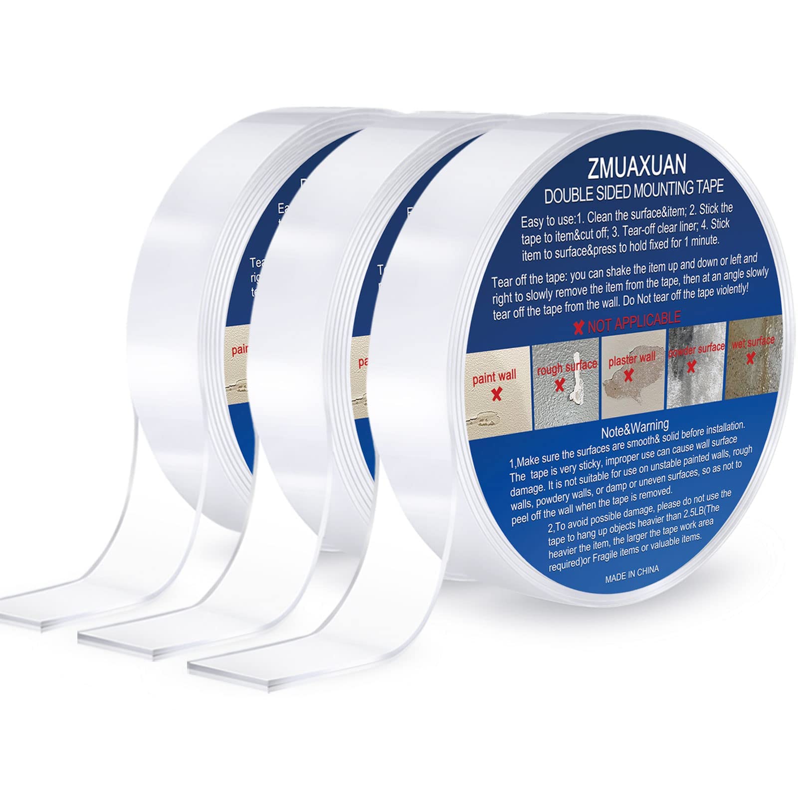 ZMUAXUAN Strong Nano Double Sided Tape Heavy Duty Mounting,Clear Removable Wall Sticky Adhesive Strips,Reusable Thick Gel Grip for Hanging Picture,Poster,Carpet,Photo