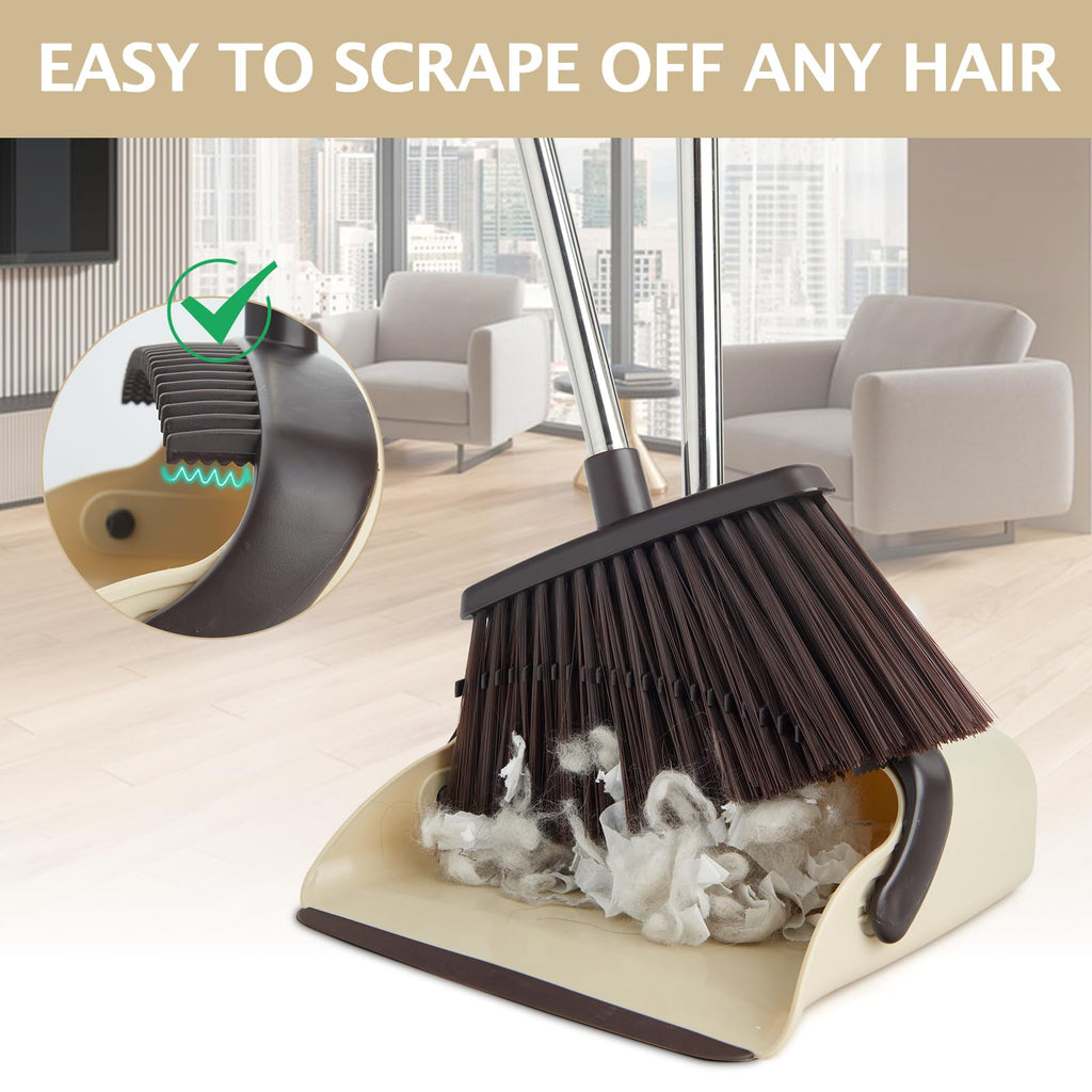 Broom and Dustpan Set with Long Handle, Heavy Dust Broom and Dustpan Combo for Home，Kitchen, Office, Pet Hair(Beige)
