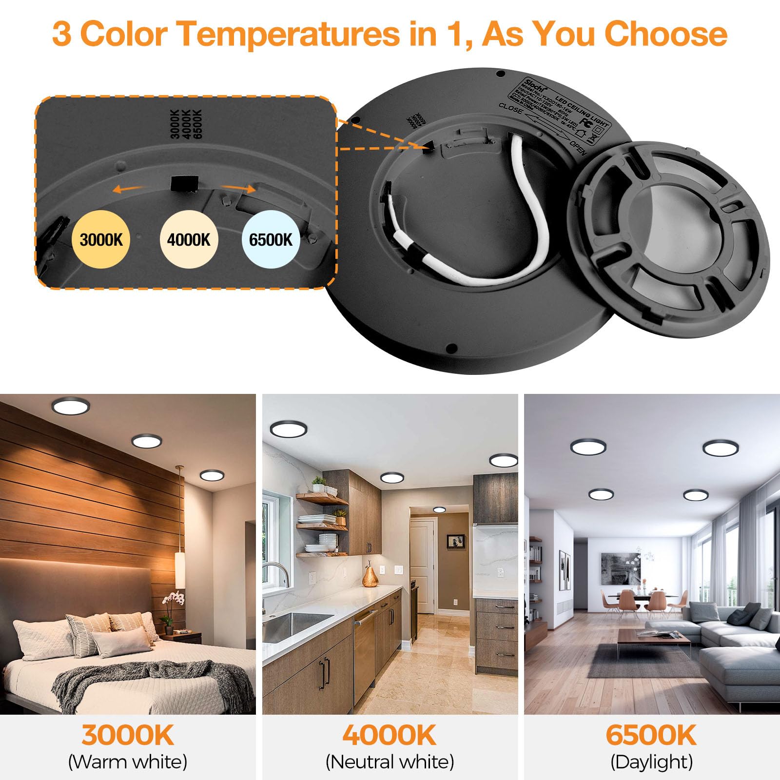 1PACK LED Flush Mount Ceiling Light Fixture, 3000K-4000K-6500K & 100W Equivalent Modern Kitchen Ceiling Lamp 15W 1500Lm 7.5 Inch Closet Round Surface for Bathroom Laundry Bedroom Hallway, Black