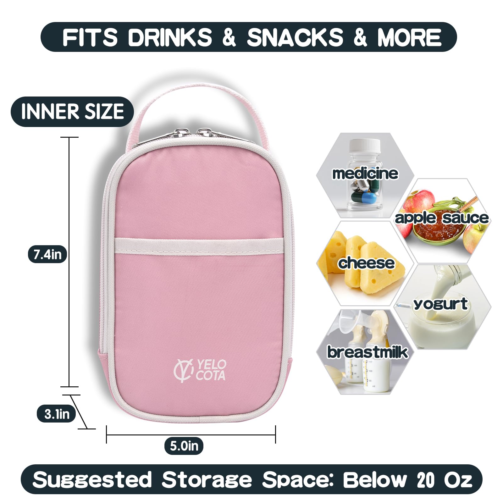 Yelocota Small Insulated Lunch Bag- Snack Bag- Mini Cooler Bag with Handle for Travel,Work,School(Storage Space below 20oz)- Also Suitable for Pairing with Food Jar