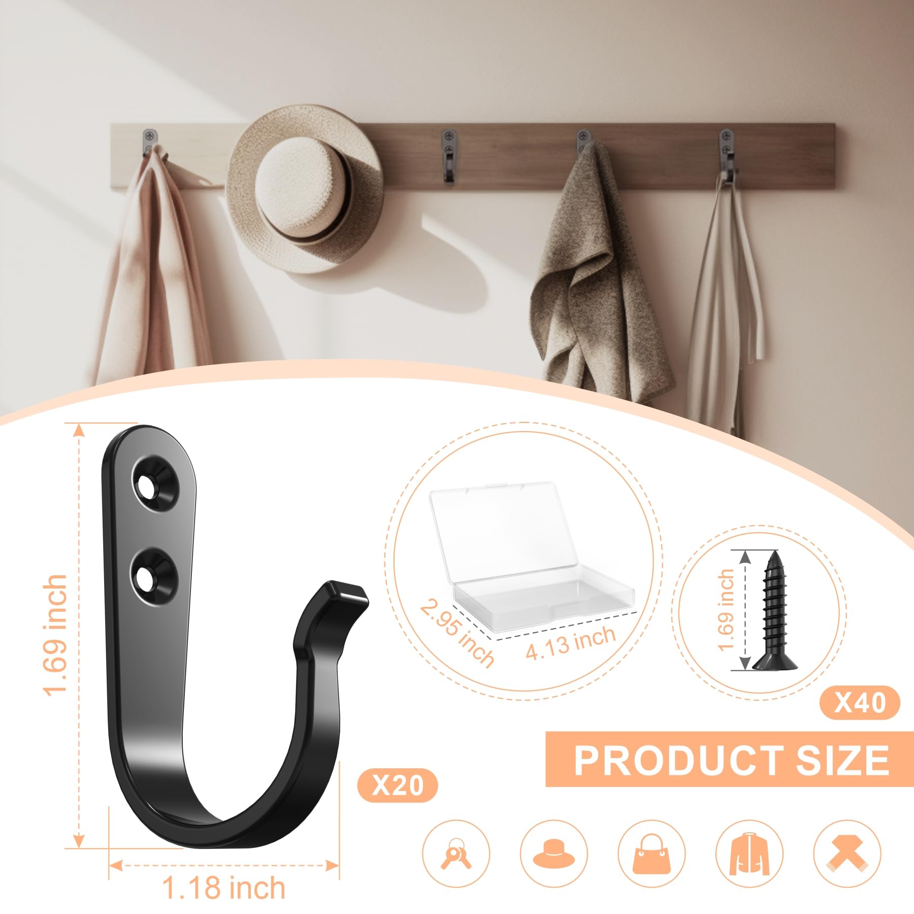 BREYDROK 20PCS Heavy Duty Metal Coat Hooks for Wall, Single Prong Hanging Hooks with 40 Screws for Towels, Backpacks, Hats & Dog Leashes