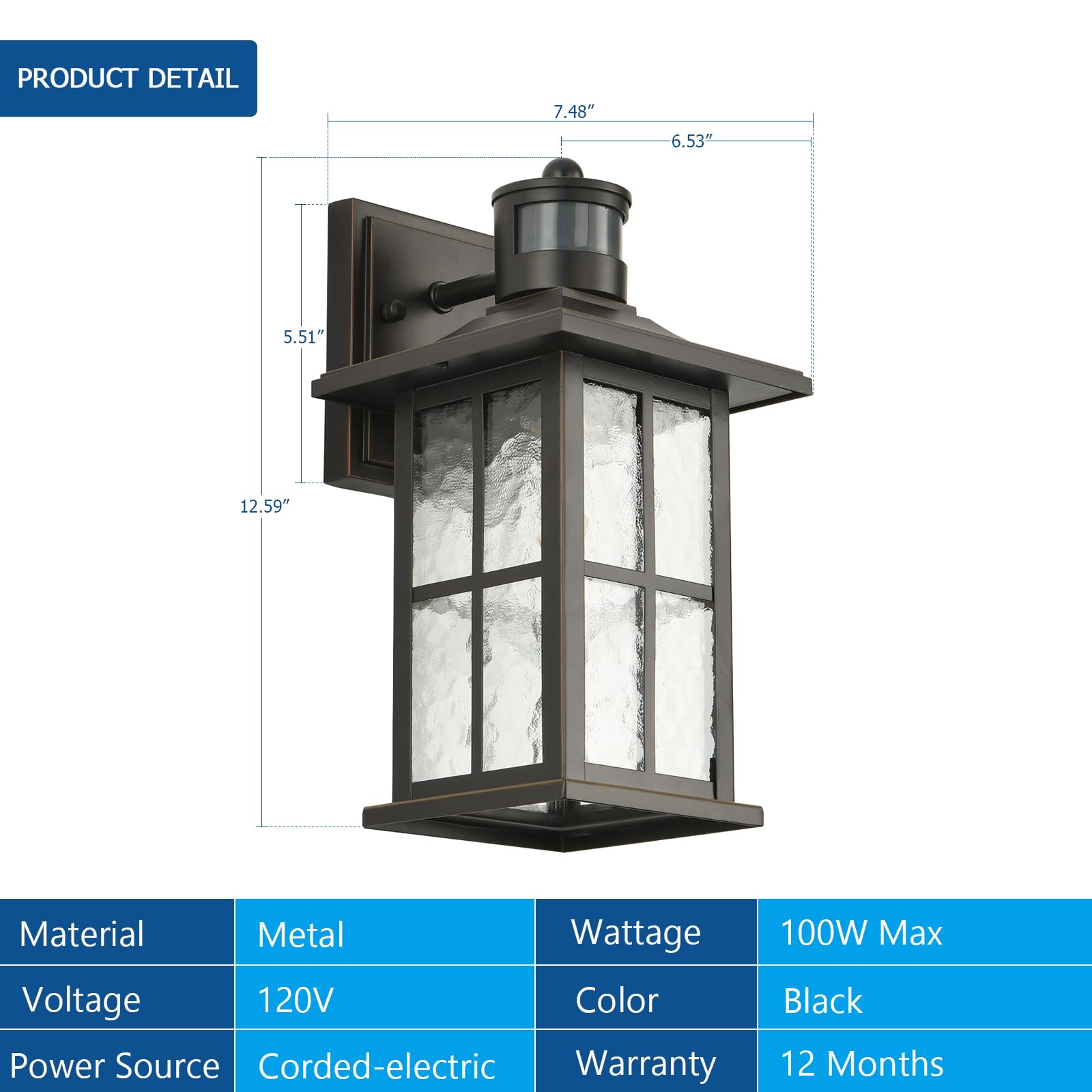 FLEDAVID Motion Sensor Outdoor Wall Light Fixtures Dusk to Dawn Exterior Porch Lantern White Outside Sconce Lighting Rustic Wall Mount Lamp with Water Ripple Glass for House Garage Patio Entryway