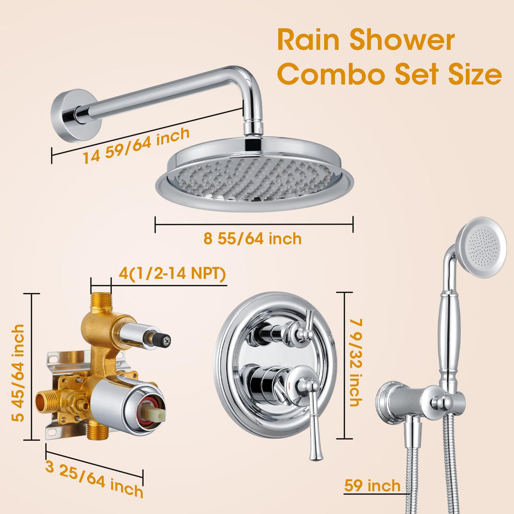 Rainfall Shower Head with Handheld Combo, Brushed Gold Shower System with Balance Pressure Valve, 9 inch Shower Head and Faucet Set, Rain Shower Head with Handheld Spray Wall Mount(B2312-BG)