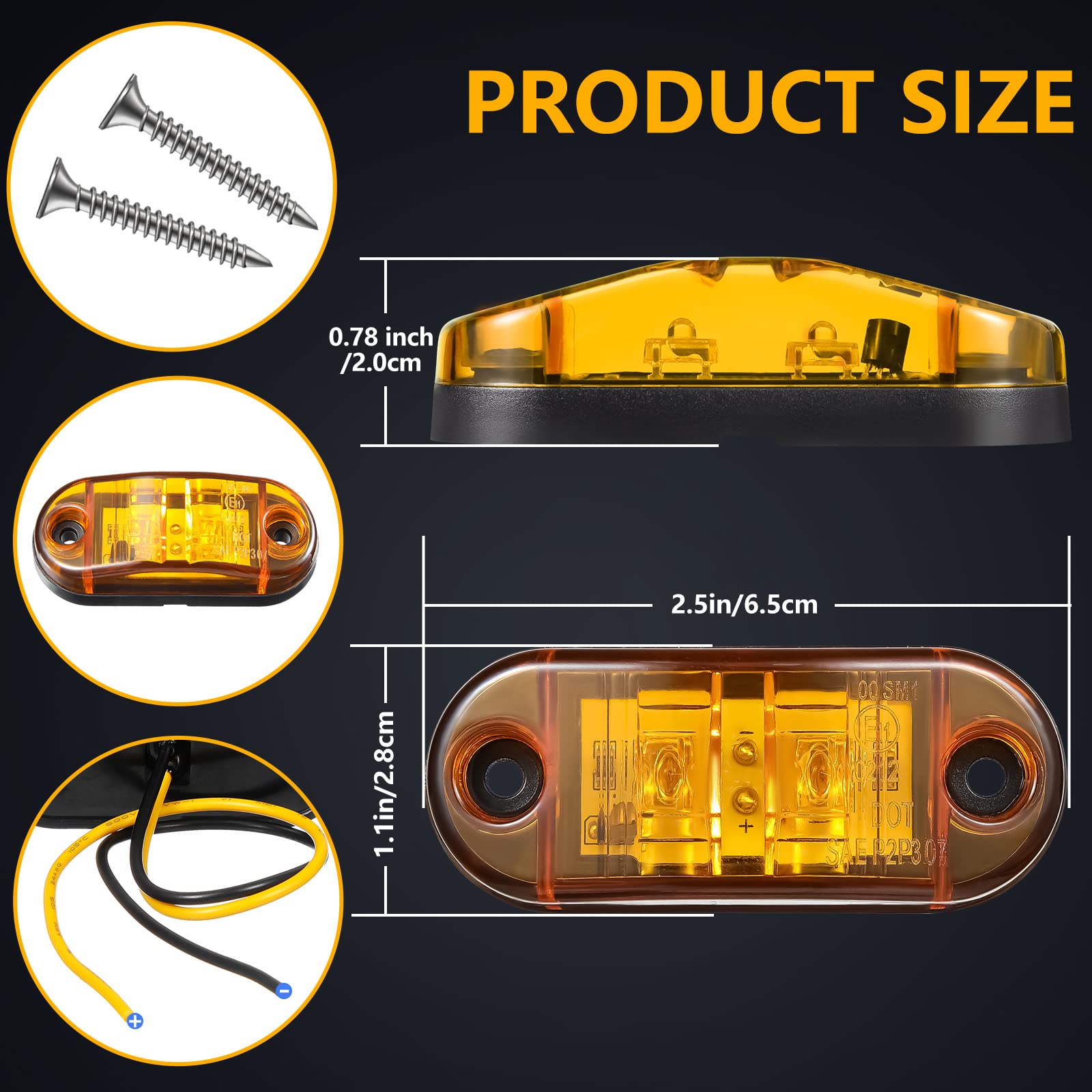 Tallew 10 Pcs 2.5 Inch LED Trailer Lights 2 Diode Waterproof LED Trailer Side Marker Oval Signal Running Lights for Truck Boat Rv(Amber)