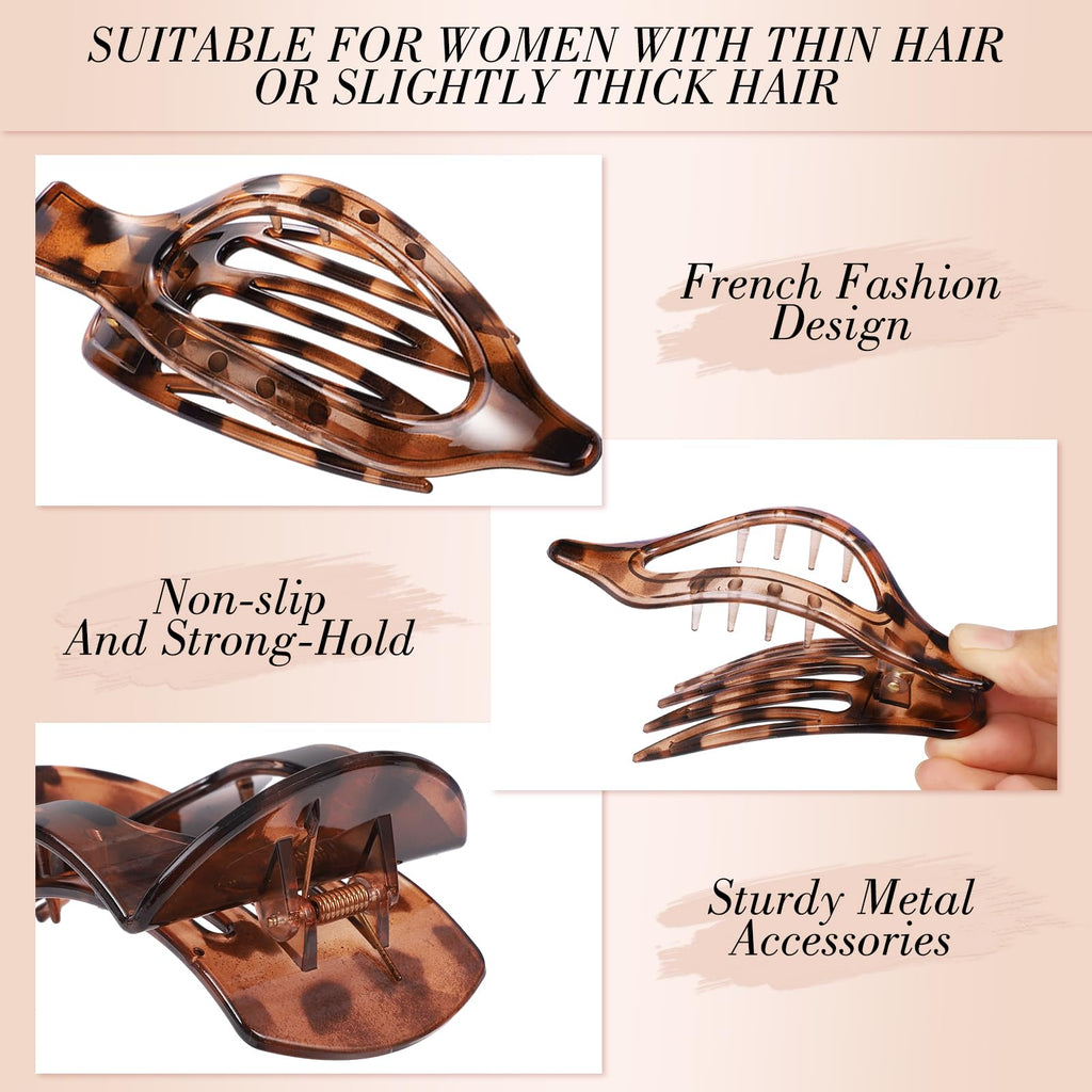 Obeoby 8 Pcs Flat Claw Clips for Women, Strong Hold French Flat Hair Clips for Thick Thin Hair Barrettes Accessories Round Large Medium (Tortoiseshell)