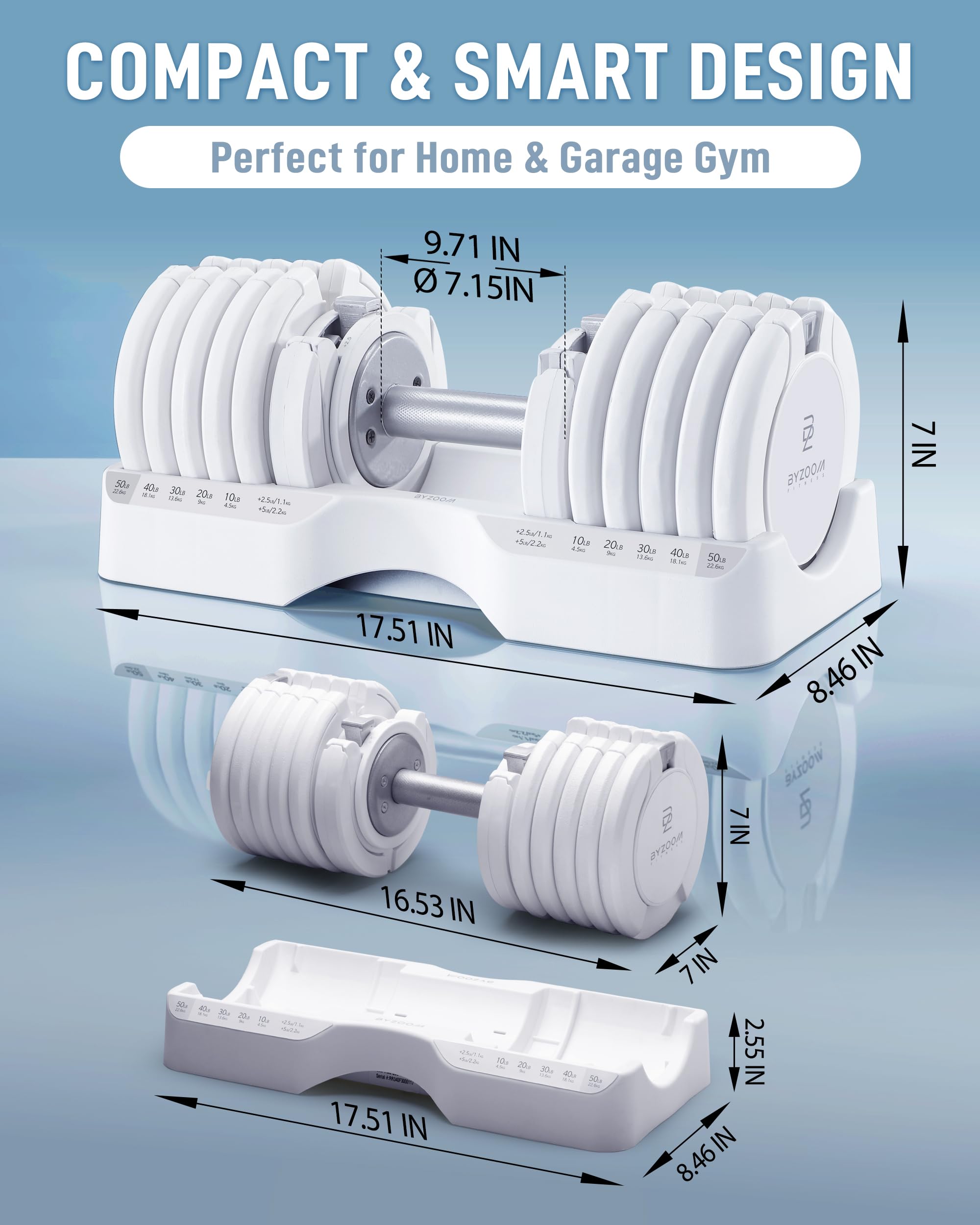 BYZOOM FITNESS Pure Series Adjustable Dumbbell - 12.5/25/27.5/50/55/75lb - ONE UNIT OR PAIR(check QTY before purchase) - 5-in-1/ 10-in-1 / 15-in-1 / 21-in-1 Flexible Hand Weights for Home Apartment Garage Gym, Strength Training & Fitness Workouts, White O