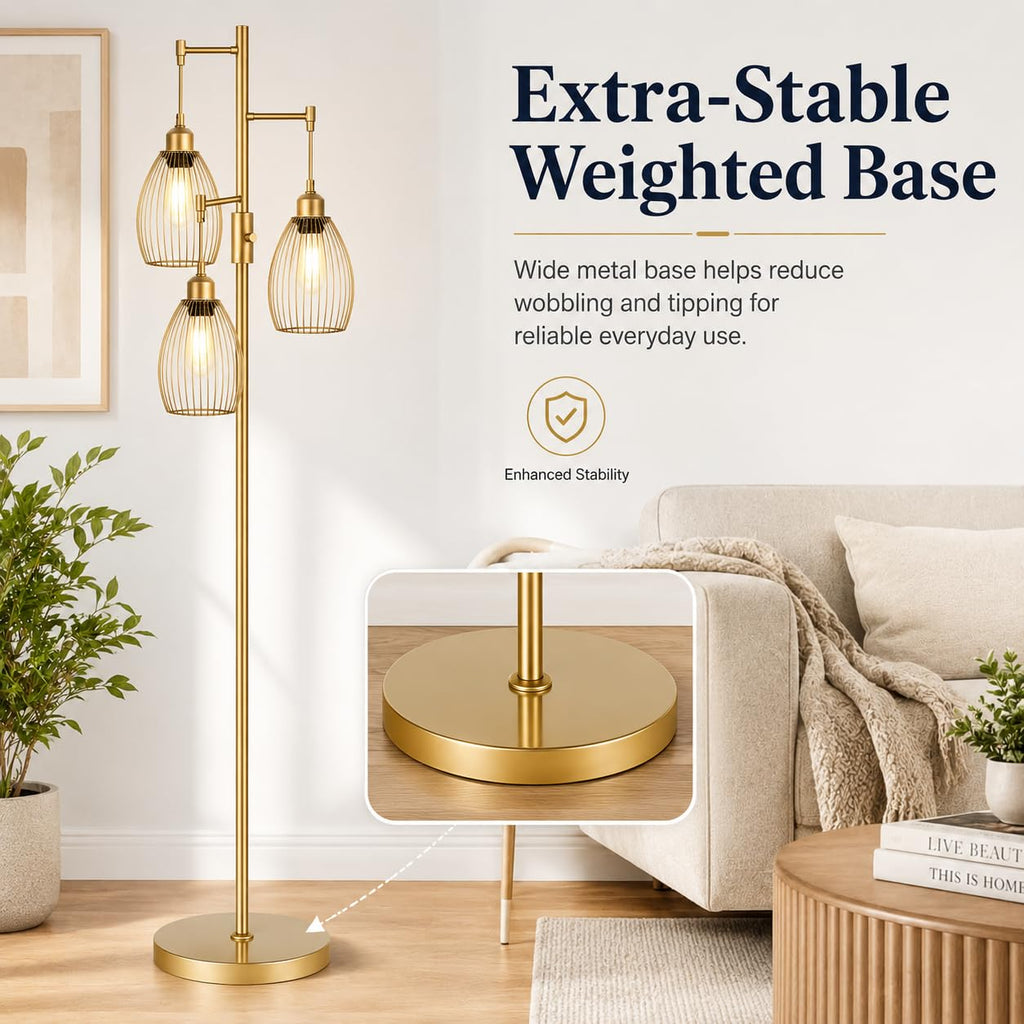 Dimmable Floor Lamp, 3 x 800LM LED Edison Bulbs Included, Farmhouse Industrial Floor Lamp Standing Tree Lamp with Elegant Teardrop Cage Tall Lamps for Living Room Bedroom Office Dining Room-Brass