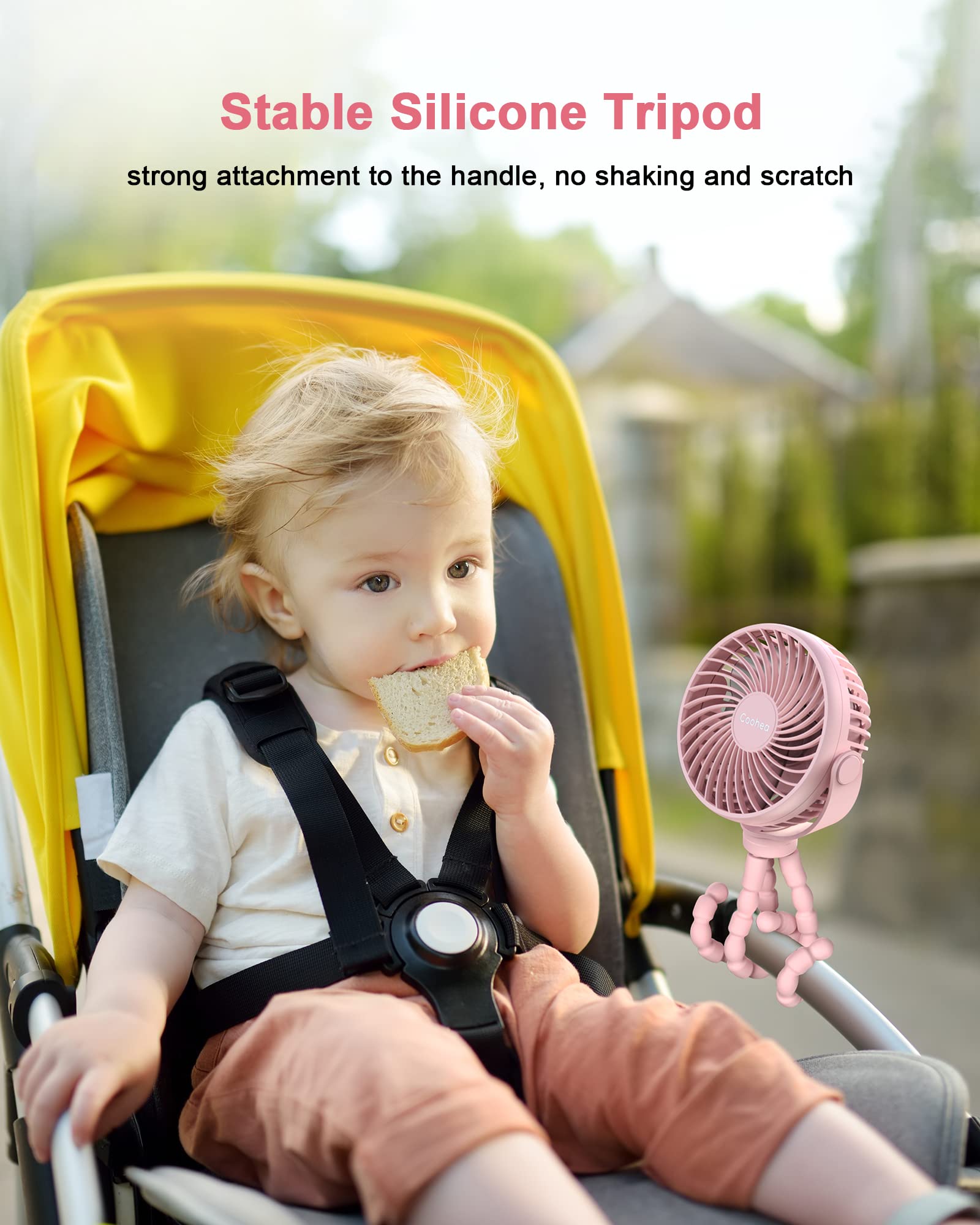 Coohea Stroller Fan Clip on for Baby, 4000mAh Rechargeable Battery Operated, Flexible Tripod, 3 Wind Speed, 360° Rotatable, Small Cooling Portable Fan for Car Seat Crib Golf Cart Bike Treadmill, Black