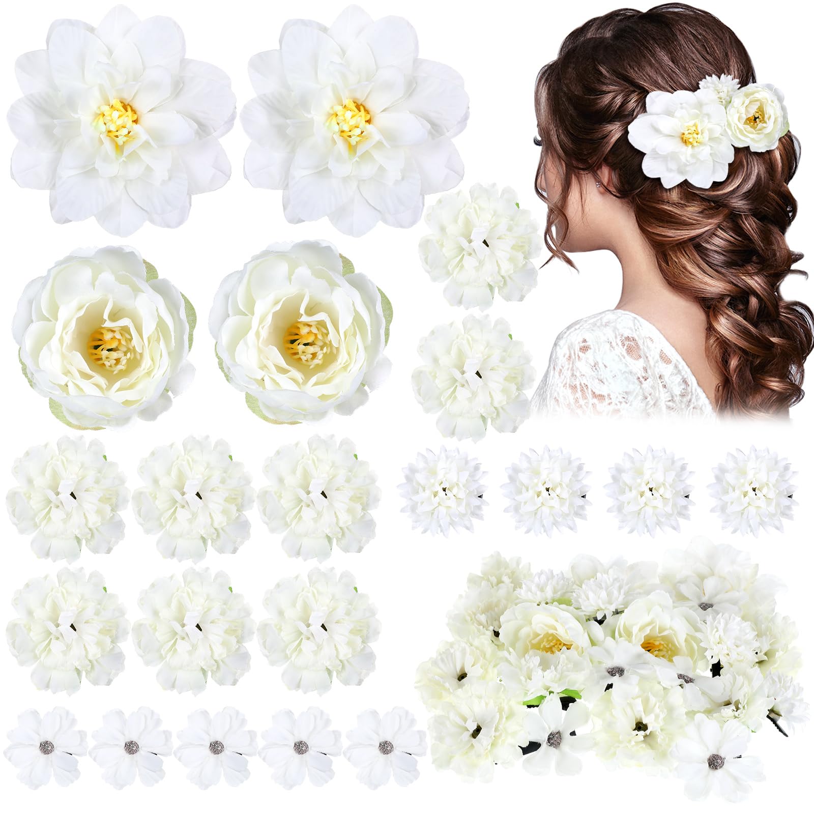 BBTO Flower Hair Clip Rose Hair Clips Barrettes for Women Flower Accessories Boho Bride Claw Clip Hairpin Brooch Pin Headpiece for Wedding(Beige Orange Series,21 Pcs)