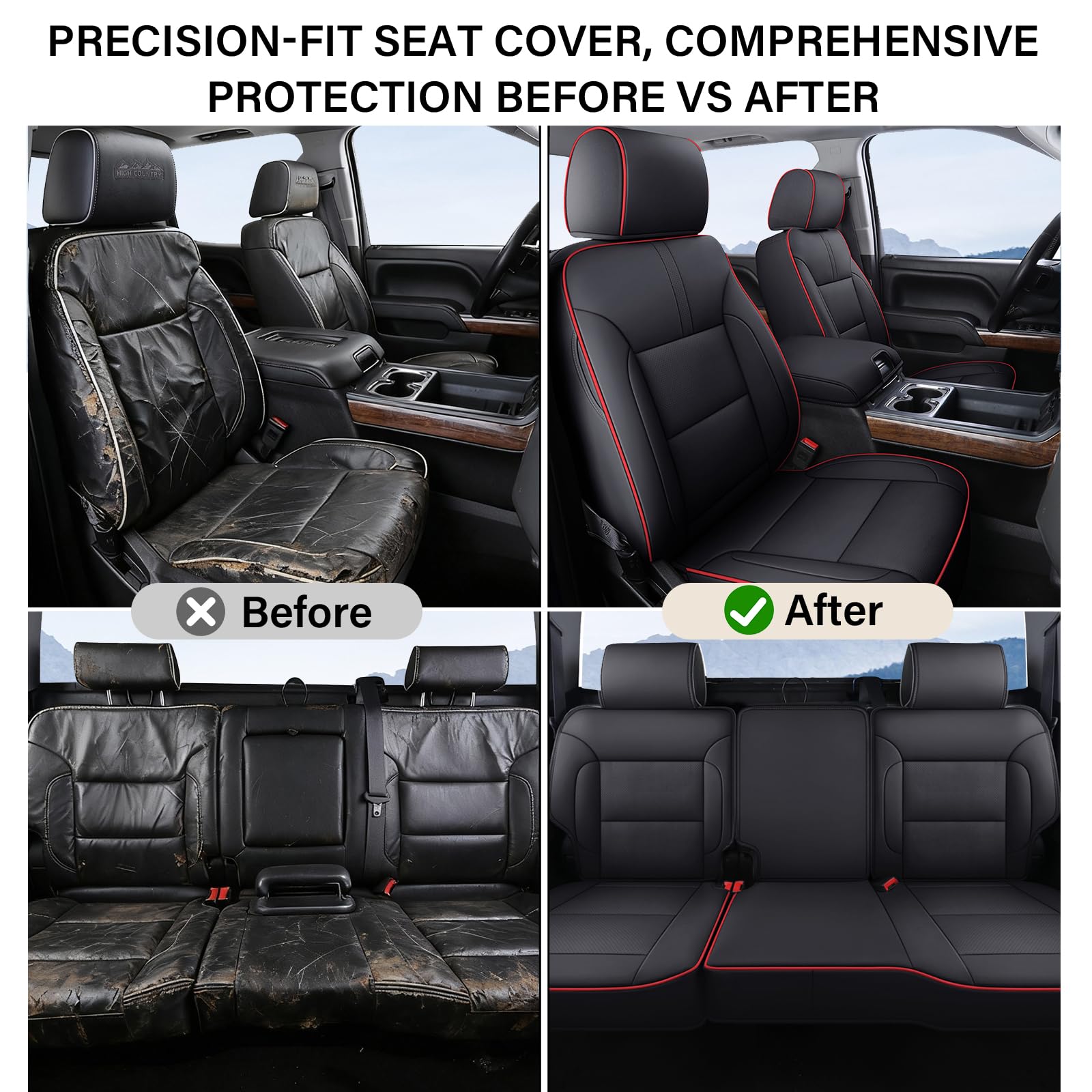 Coverado Chevy Silverado Seat Covers, Faux Leather Seat Covers Fit for Chevy Silverado GMC Sierra 2007-2025 1500, 2015-2025 2500HD 3500HD Crew Double Extended Cab (Front, Black)