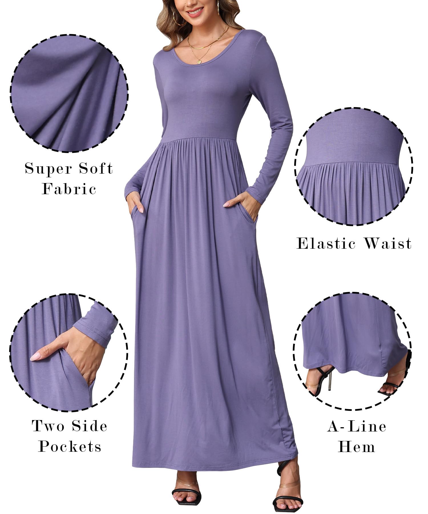 EUOVMY Women's Long Sleeve Loose Maxi Dresses Casual Long Dresses with Pockets